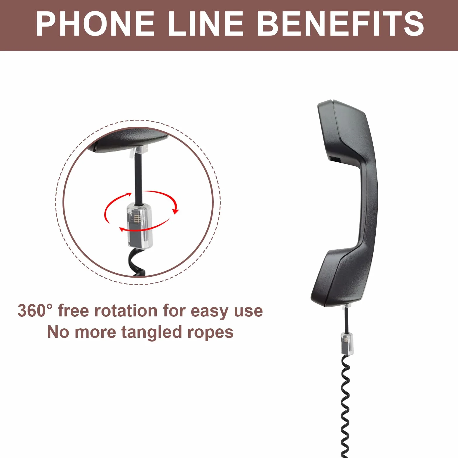 Kabel telefoniczny RJ9 4P4C 3 metry z obrotowym rozplątywaniem o 360°, czarny - spiralny kabel telefoniczny stacjonarny, uniwersalny kompatybilny ze wszystkimi telefonami z interfejsem RJ9 do domu i