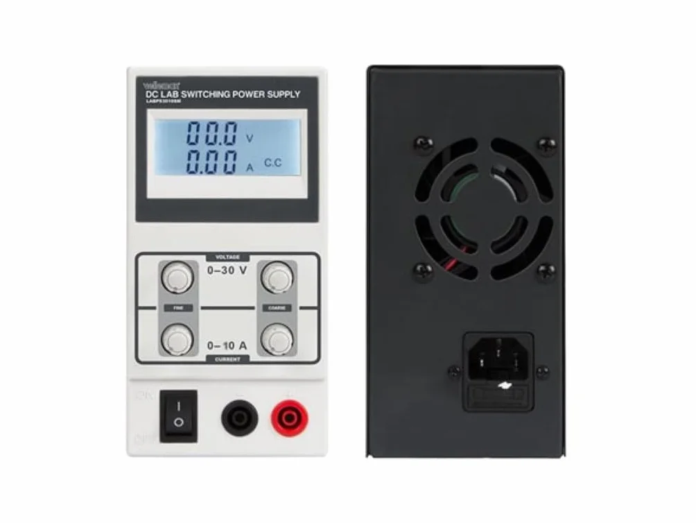Velleman Zasilacz Lab, przełączany, regulowany, 0-30 VDC/0-10 A, ograniczenie prądu, zabezpieczenie przeciwzwarciowe, wyświetlacz LCD, szary
