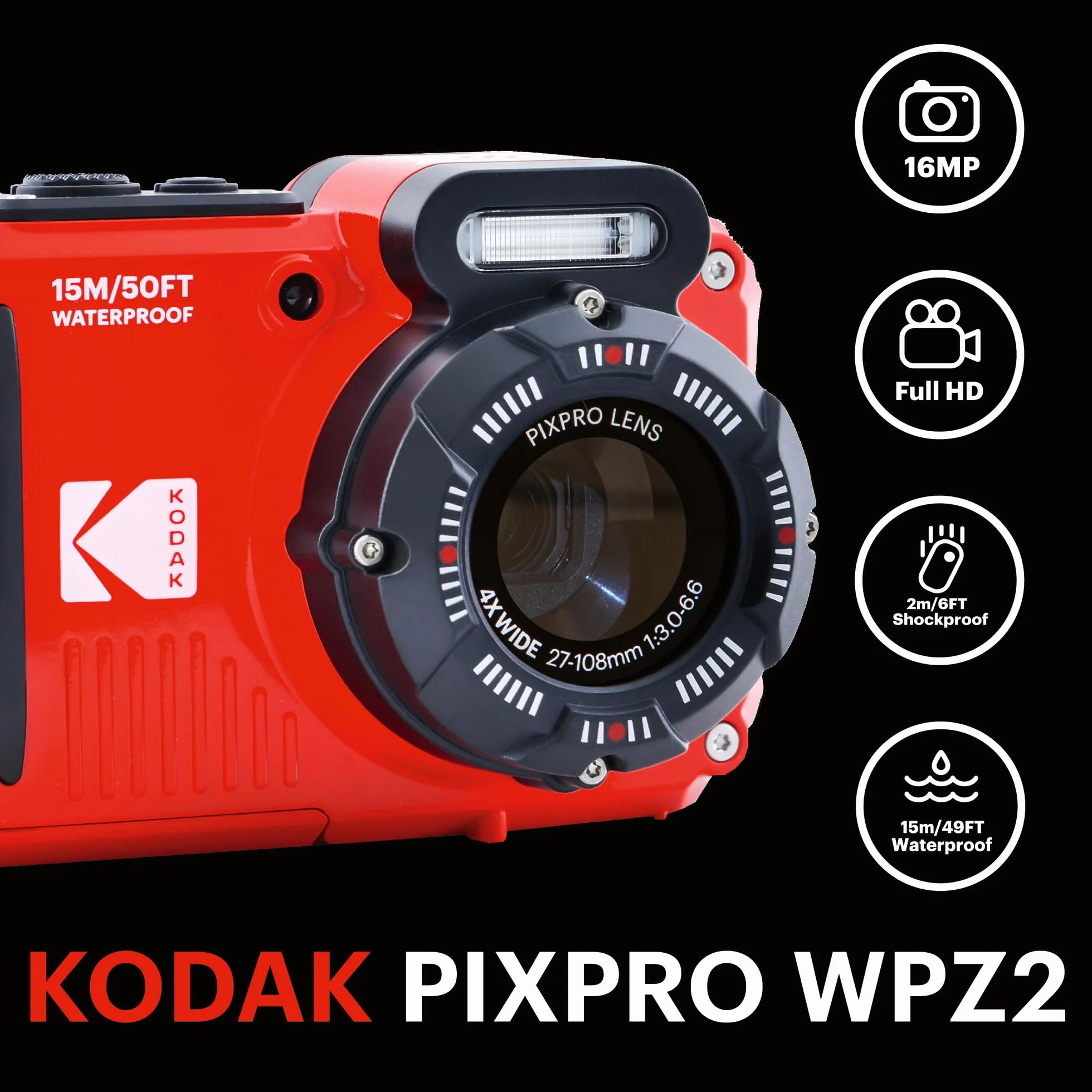 KODAK Pixpro Pack WPZ2 + 1 karta SD Kodak - Kompaktowy 16 m pikseli, wodoodporny do 15 m, odporny na wstrząsy, wideo 720p, ekran LCD 2,7 - bateria litowo-jonowa - czerwony