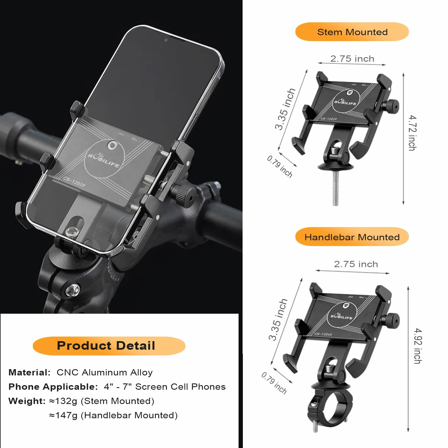 Aluminiowy uchwyt rowerowy na telefon – regulowany 360° rowerowy uchwyt na telefon komórkowy uniwersalny do iPhone'a, Samsunga Galaxy i większości smartfonów 4-7 tums (Mocowany na kierownicy)