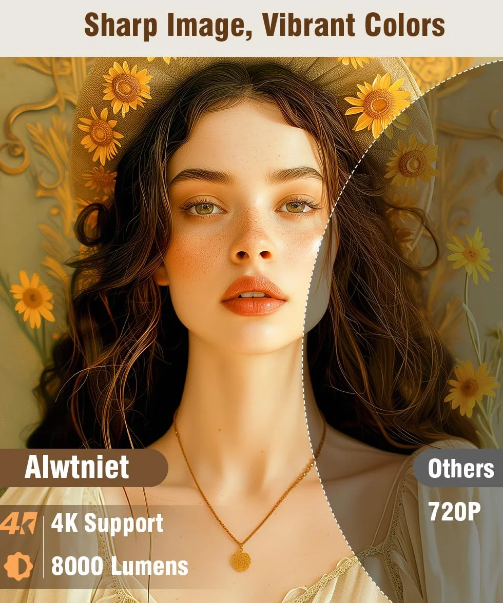 Alwtniet Mini projektor, 4K, Wi-Fi 6 i Bluetooth 5.4, głośnik 5 W, automatyczna korekcja trapezu, obracany o 180°, przenośny do domu i na zewnątrz, z systemem Android
