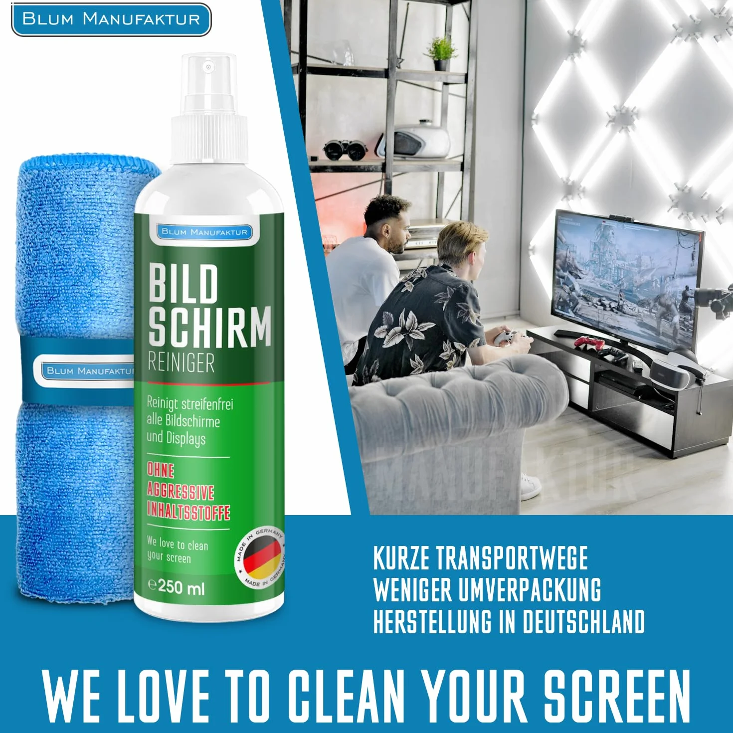 Blum Manufaktur Screen Cleaner 250 ml - środek do czyszczenia ekranów - środek do czyszczenia komputerów - w zestawie ściereczka z mikrofibry 30 x 30 cm - środek do czyszczenia monitorów - Made in Germany
