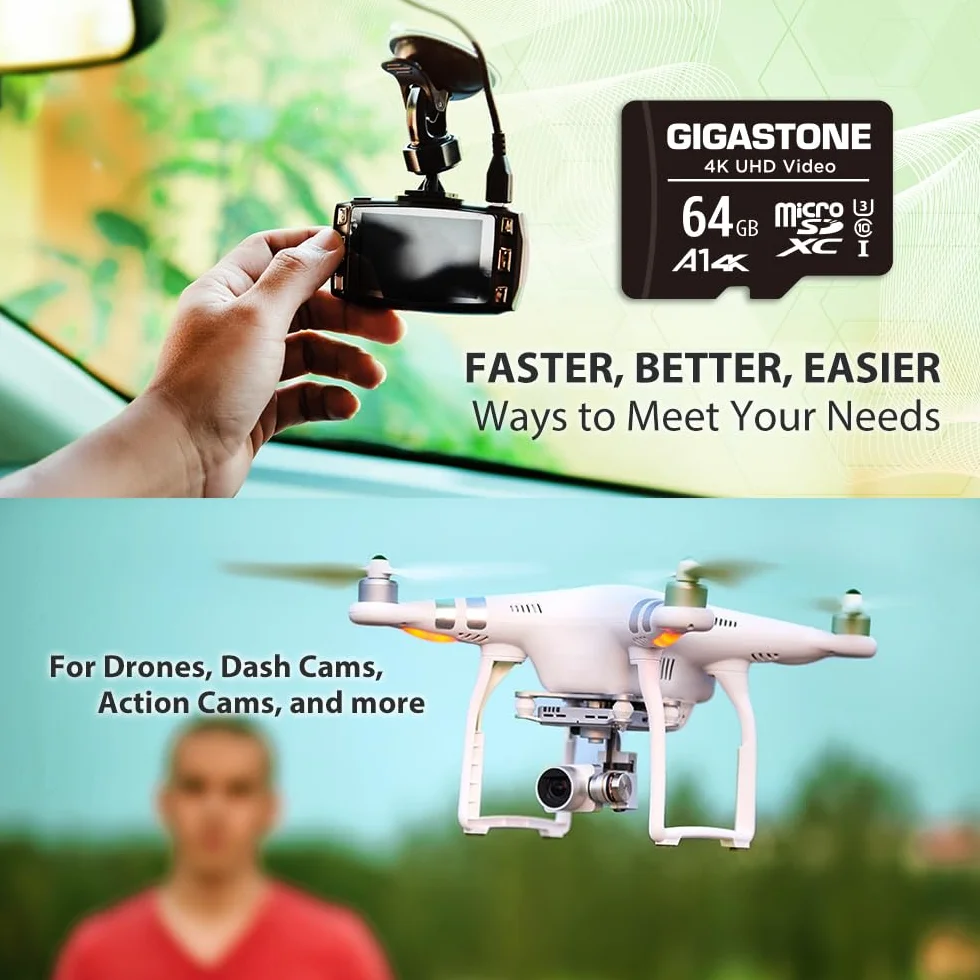 [Gigastone] 64GB Micro SD Card, 4K UHD Video, Surveillance Security Cam Action Camera Drone Professional, 90MB/s Micro SDXC UHS-I A1 Class 10, with Adapter