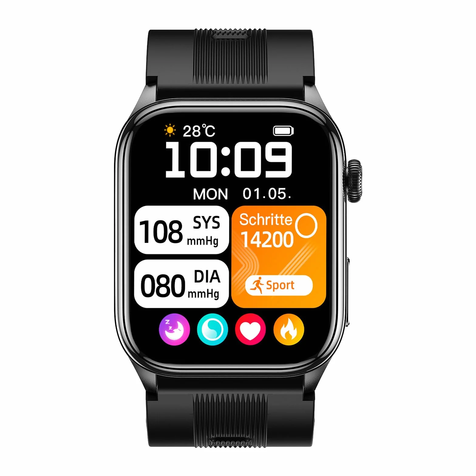 Knauermann PRO 4 Air (2026) Smartwatch i tracker fitness dla kobiet i mężczyzn, AMOLED zawsze włączony, IP66, Bluetooth 5.3, bateria do 25 dni, Android i iOS, czarny, kwadratowy, silikonowy pasek