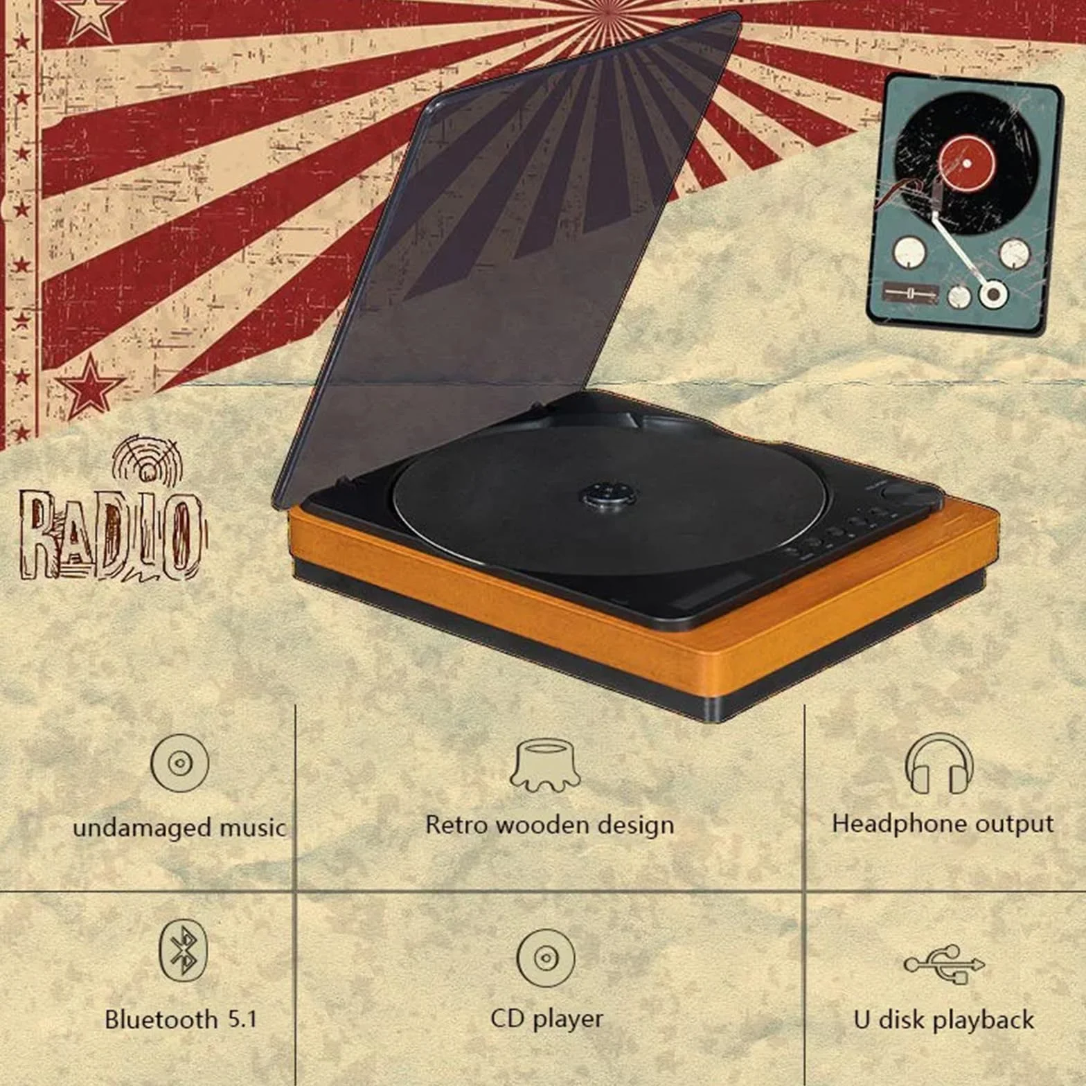 Odtwarzacz CD z Bluetooth 4.2, Vintage Wooden Turntable Style, HiFi Speakers, USB i wyjście optyczne, Wyświetlacz LCD, Przenośny słuchacz muzyki dla Home Audio