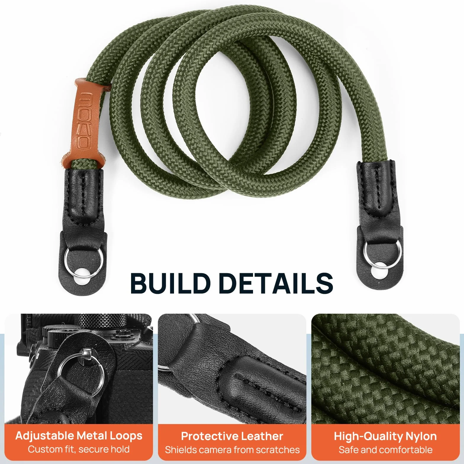 MoKo Camera Strap, 100cm Neck & Shoulder Rope Camera Straps for Photographers, Wear-resistant Lightweight Nylon Climbing Rope with Metal O-Ring for Canon Sony Nikon Fuji DSLR, Green