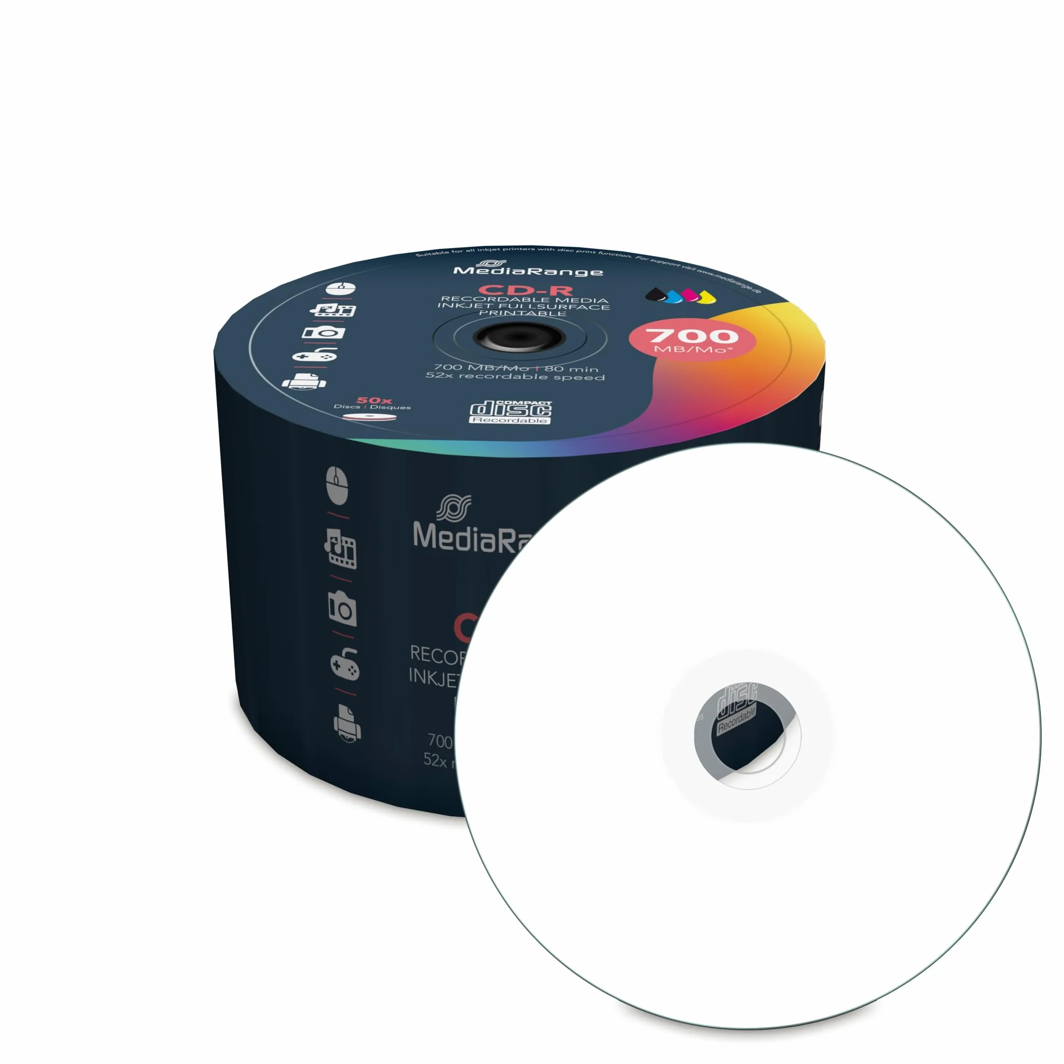 MediaRange CD-R 700MB|80min 52-krotna prędkość zapisu, możliwość zadrukowania na całej powierzchni (drukarka atramentowa), pudełko na ciasto 50 szt