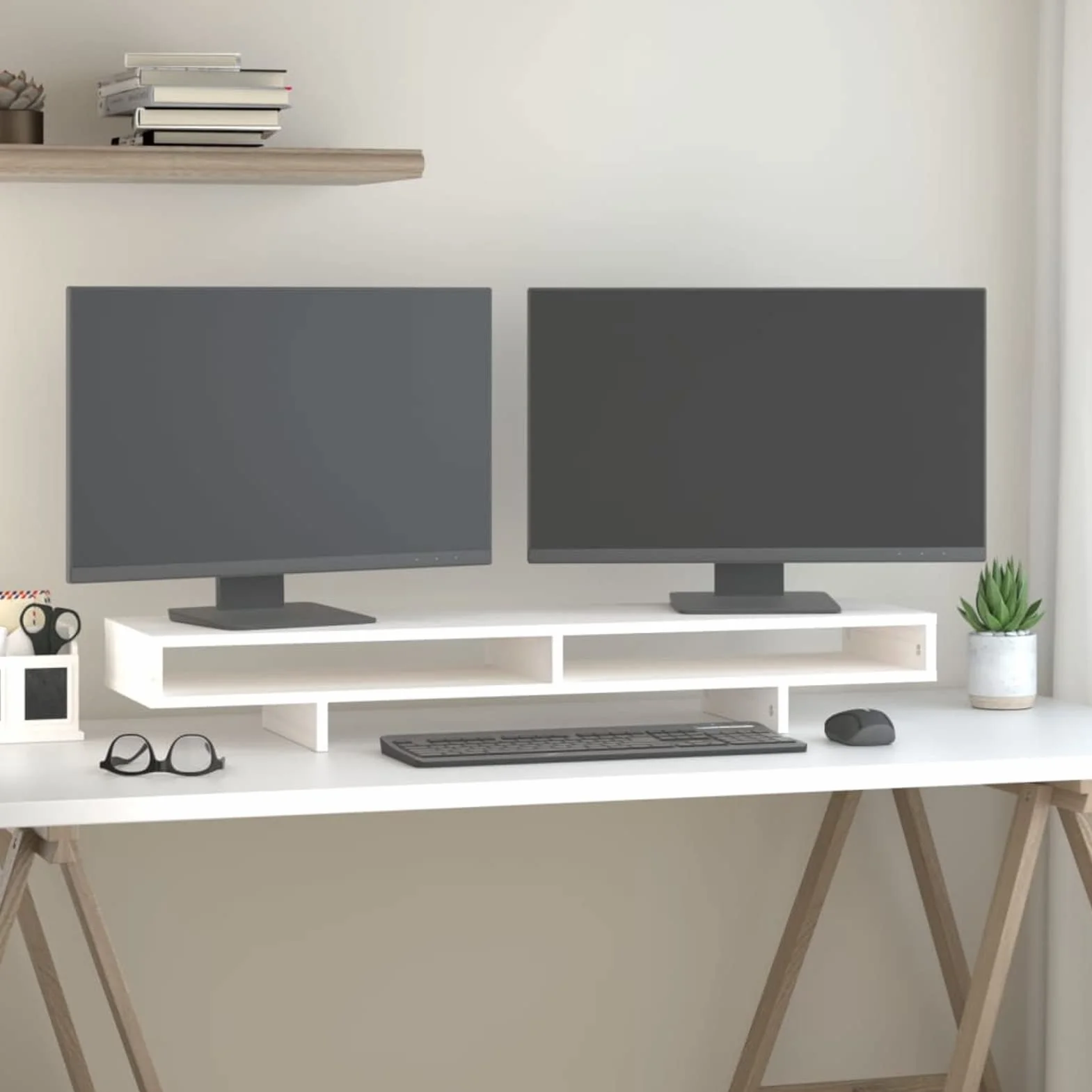 ShGaxin Stojak na monitor, stojak na ekran komputera, stojak na monitor biurko, akcesoria biurowe, akcesoria biurkowe, podstawa monitora, lite drewno sosnowe białe 100 x 27 x 14 cm