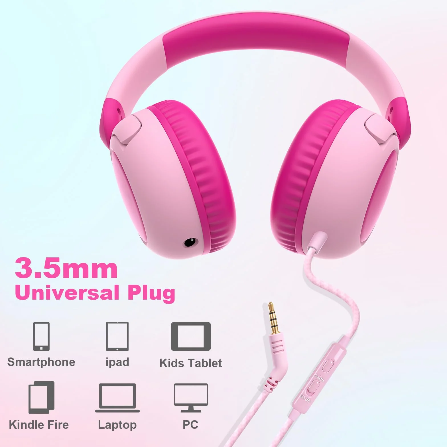 V8 Słuchawki dla dzieci, 3,5 mm, przewodowe słuchawki dla dzieci z bezpiecznym ogranicznikiem głośności, dźwięk stereo HD, nauszne słuchawki dla dziewcząt, chłopców, maluchów do tabletu, iPada