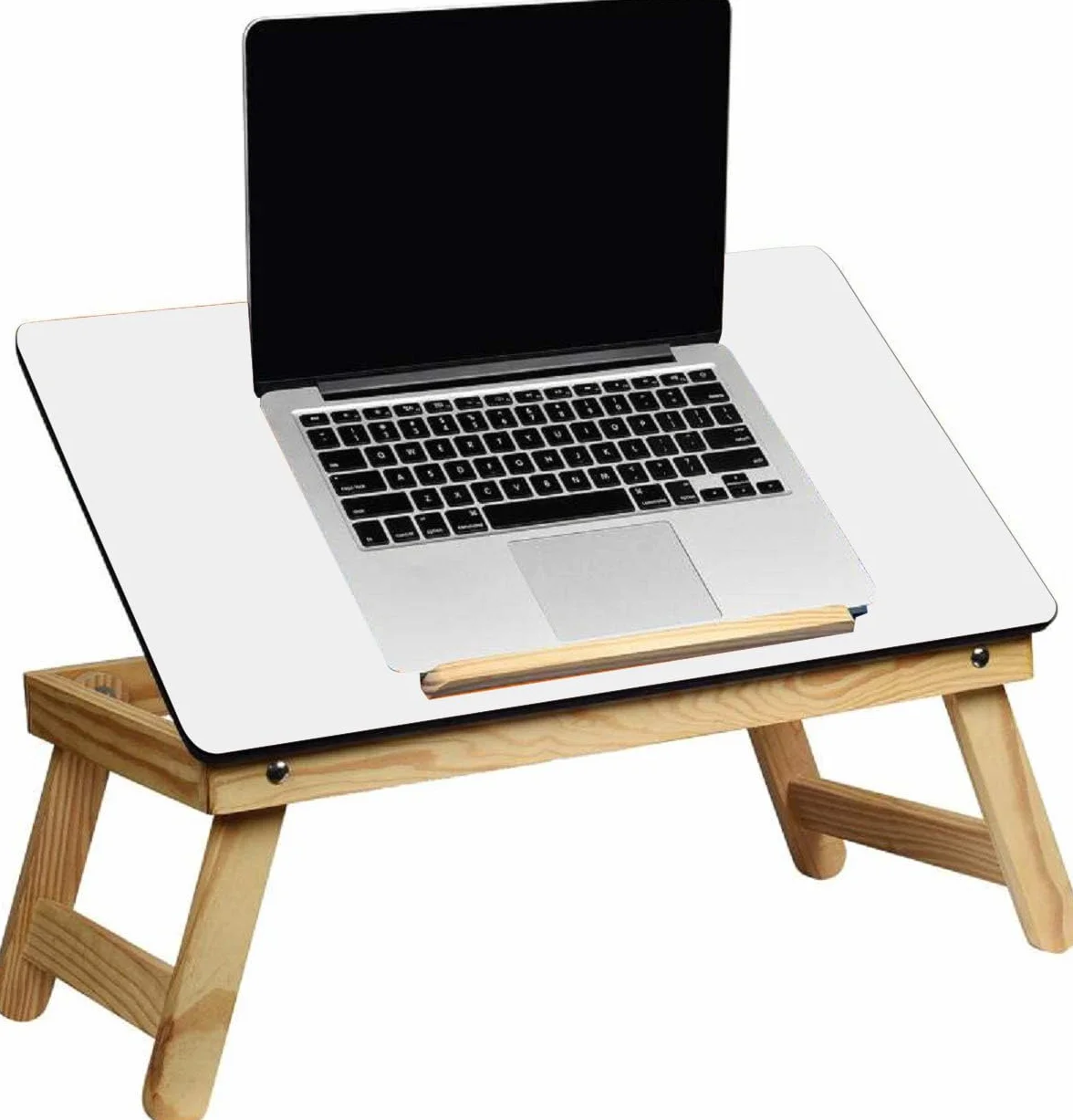 YAJNAS Drewniany, wielofunkcyjny, składany stół na laptopa z uchwytem na kubek i zakładki, uchwyt na stół, stół do nauki, stół śniadaniowy, składany i przenośny, biały