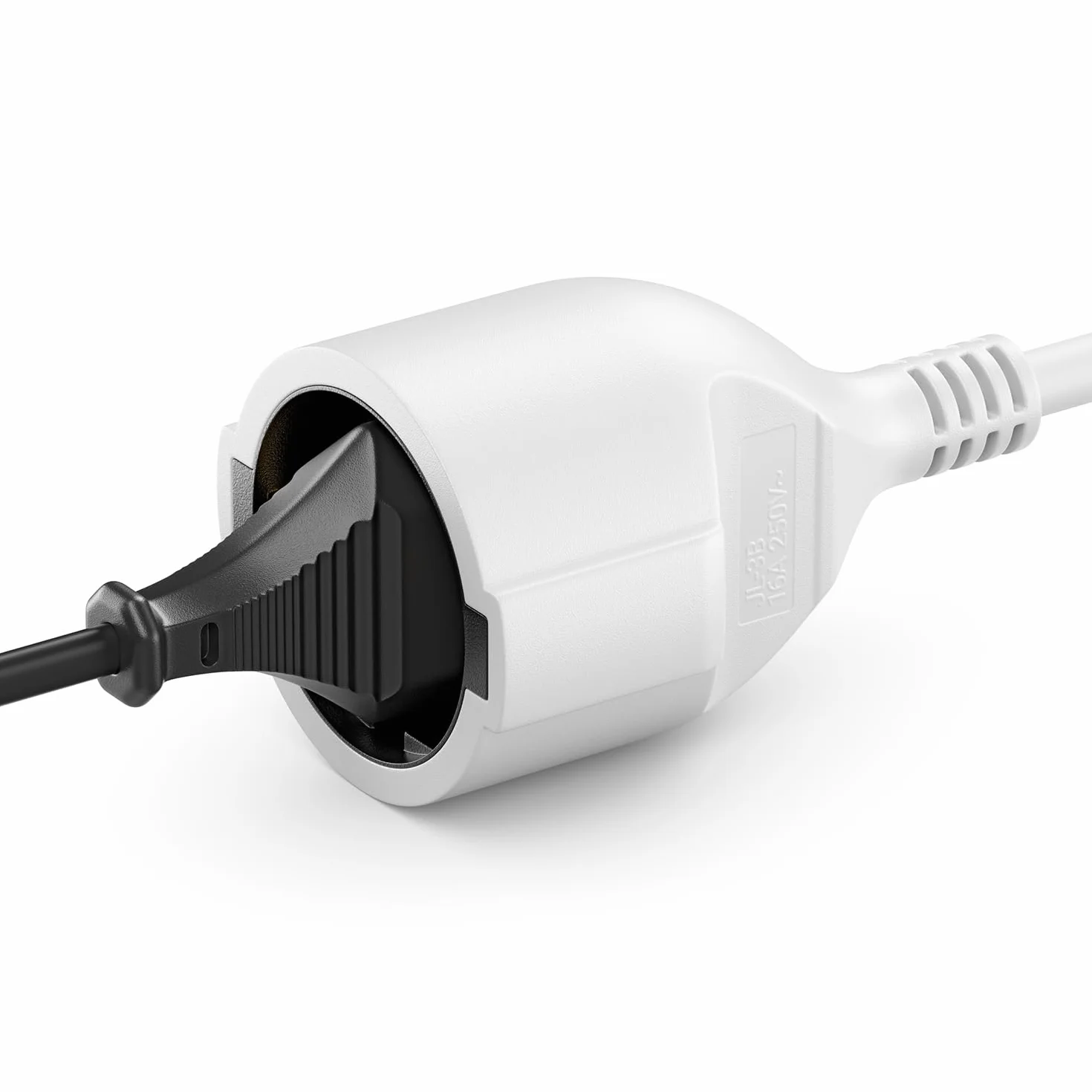 deleyCON 3,0m Kabel Przedłużający Zasilający, Wtyczka z Bolcem Typ F (CEE 7/7) 90° Kątowa na Gniazdo (CEE 7/3), Ochrona Przed Dotykiem, TV PC Komputer Projektor - Biały