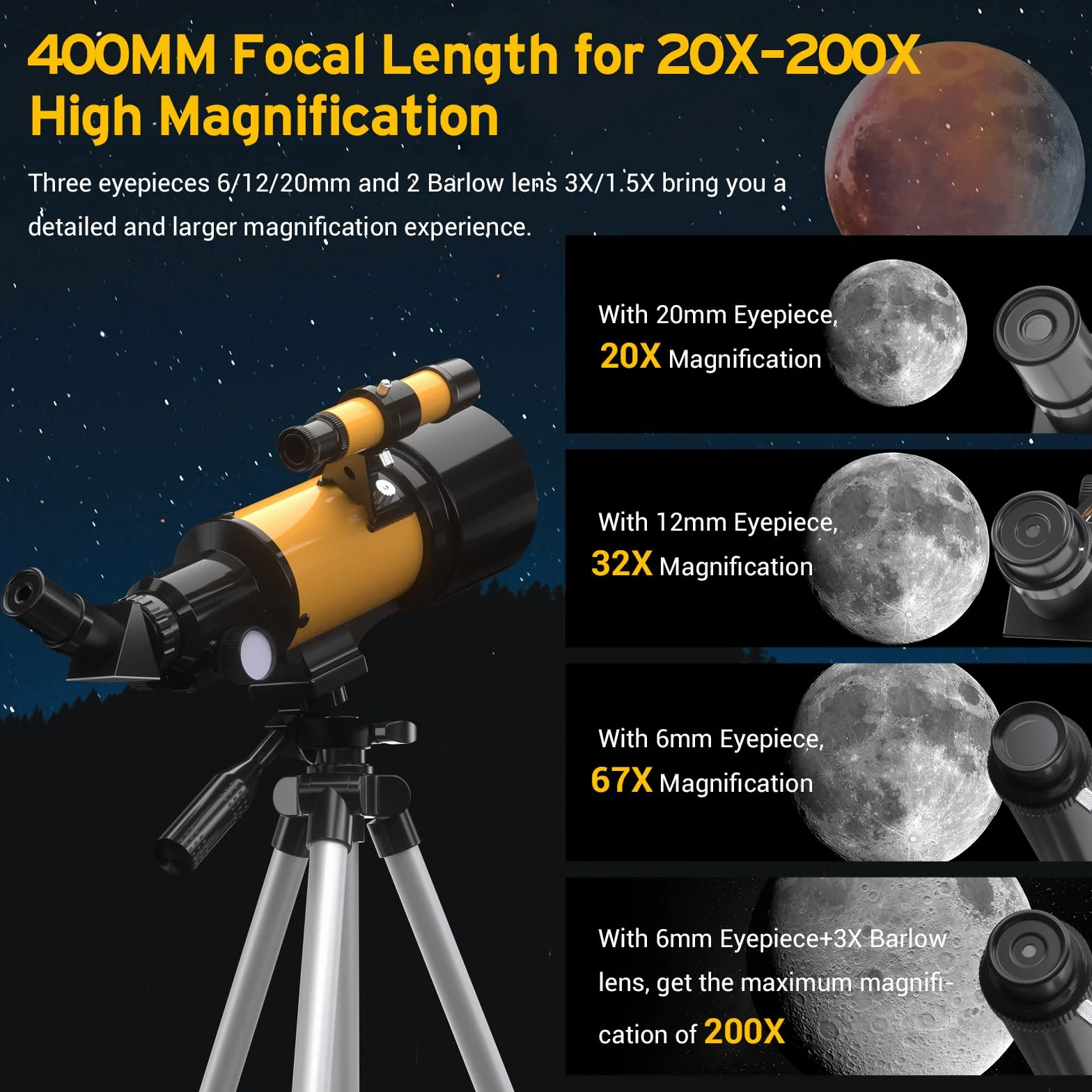 Teleskop 70 mm, przysłona 400 mm (20X-200X), refraktor FMC, wysoka transmisja, statyw, adapter telefonu, pilot zdalnego sterowania, prezent astronomiczny dla początkujących