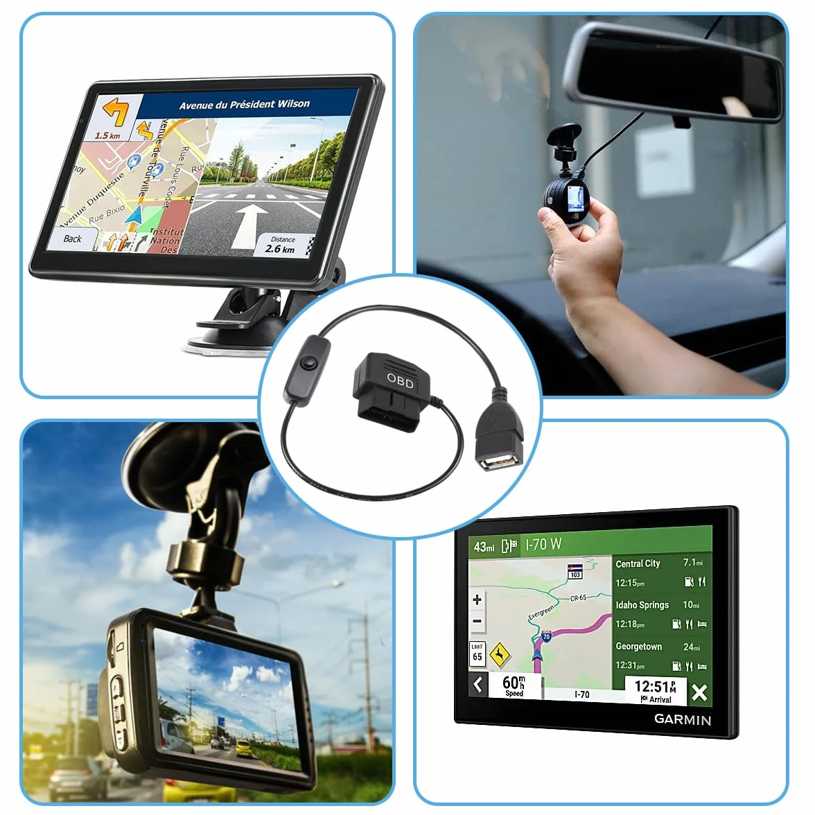 Adapter kabla zasilającego OBD-na USB, 16-biegunowy OBD2-wtyk do gniazda USB, kabel do ładowania, OBD2-do-5V 2A, złącze USB 12 V, 24 V, 36 V na 5 V, 2 A z przyciskiem przełączania, do kamery