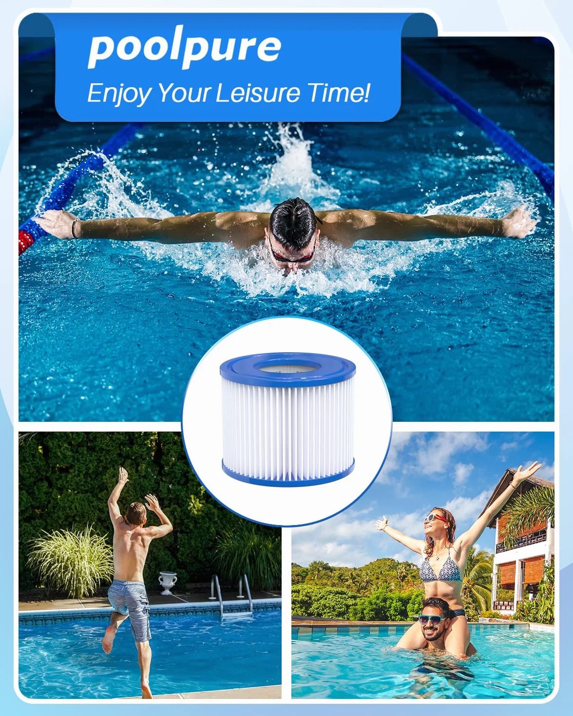 POOLPURE Zamiennik filtra typu VI Bestway, wkład filtrujący do Miami, Vegas, Palm Springs, Paryż, Monako, Coleman SaluSpa 90352E, Wymiary: 10,5 cm × 7,9 cm (6 szt.)