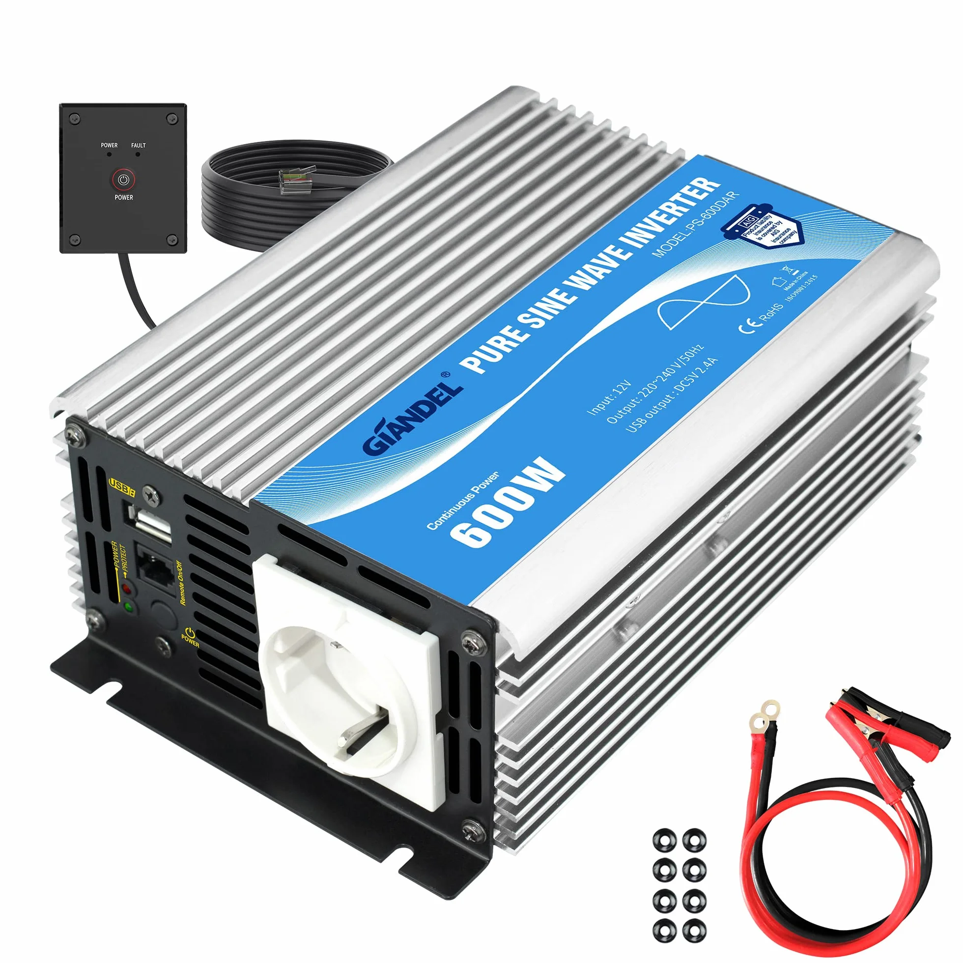 Przetwornica napięcia sinusoidalnego 600 W, 12 V na 230 V, z pilotem zdalnego sterowania i portem USB, do laptopa, aparatu, smartfona GIANDEL Silver