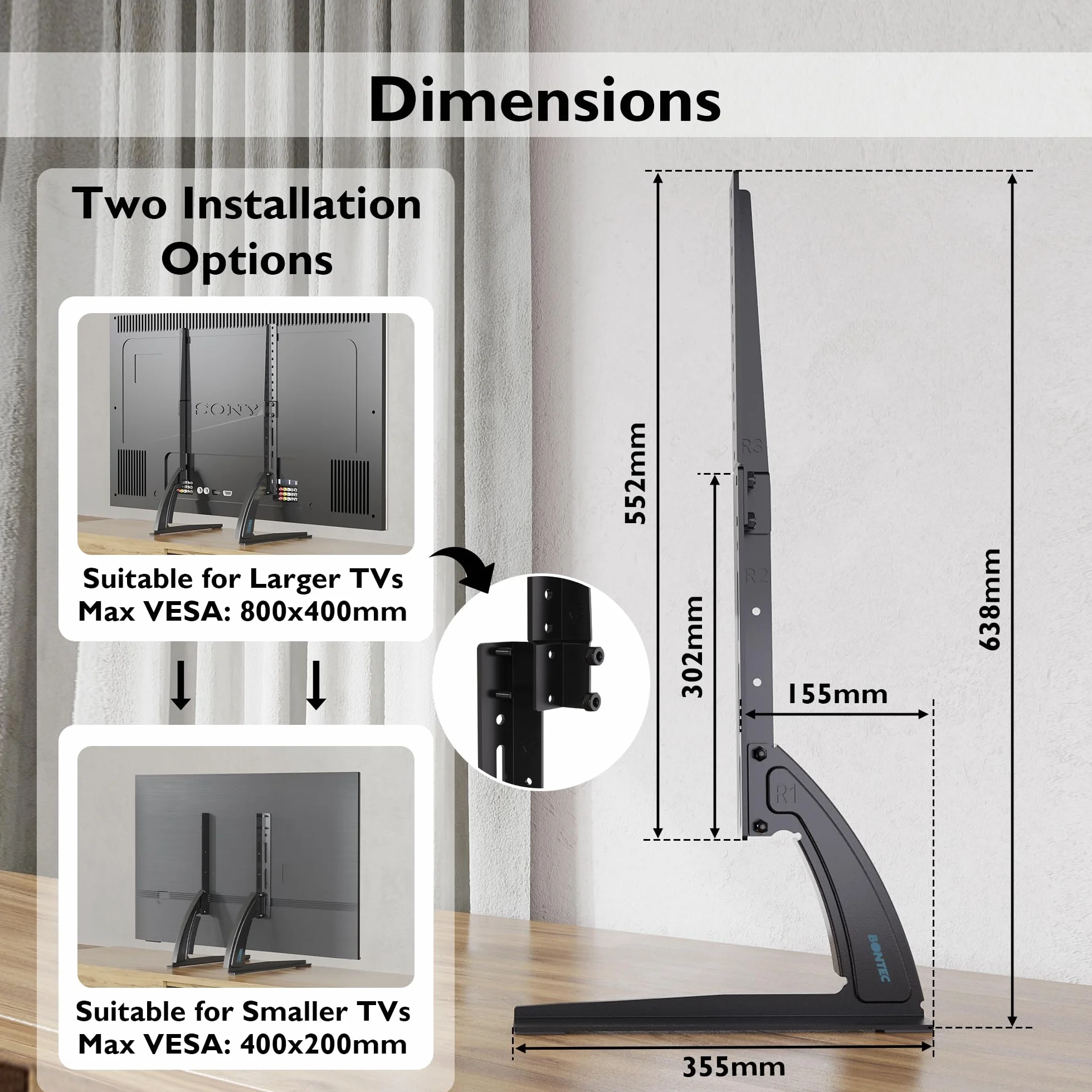 BONTEC Stojak TV 22-65 cali, Regulacja Wysokości 580-700 mm, Wysoka Stabilność, Kompatybilny z VESA 50x50-800x400 mm, 2 Opcje Instalacji, Uniwersalny Stojak Telewizyjny z Antypoślizgowymi Nóżkami