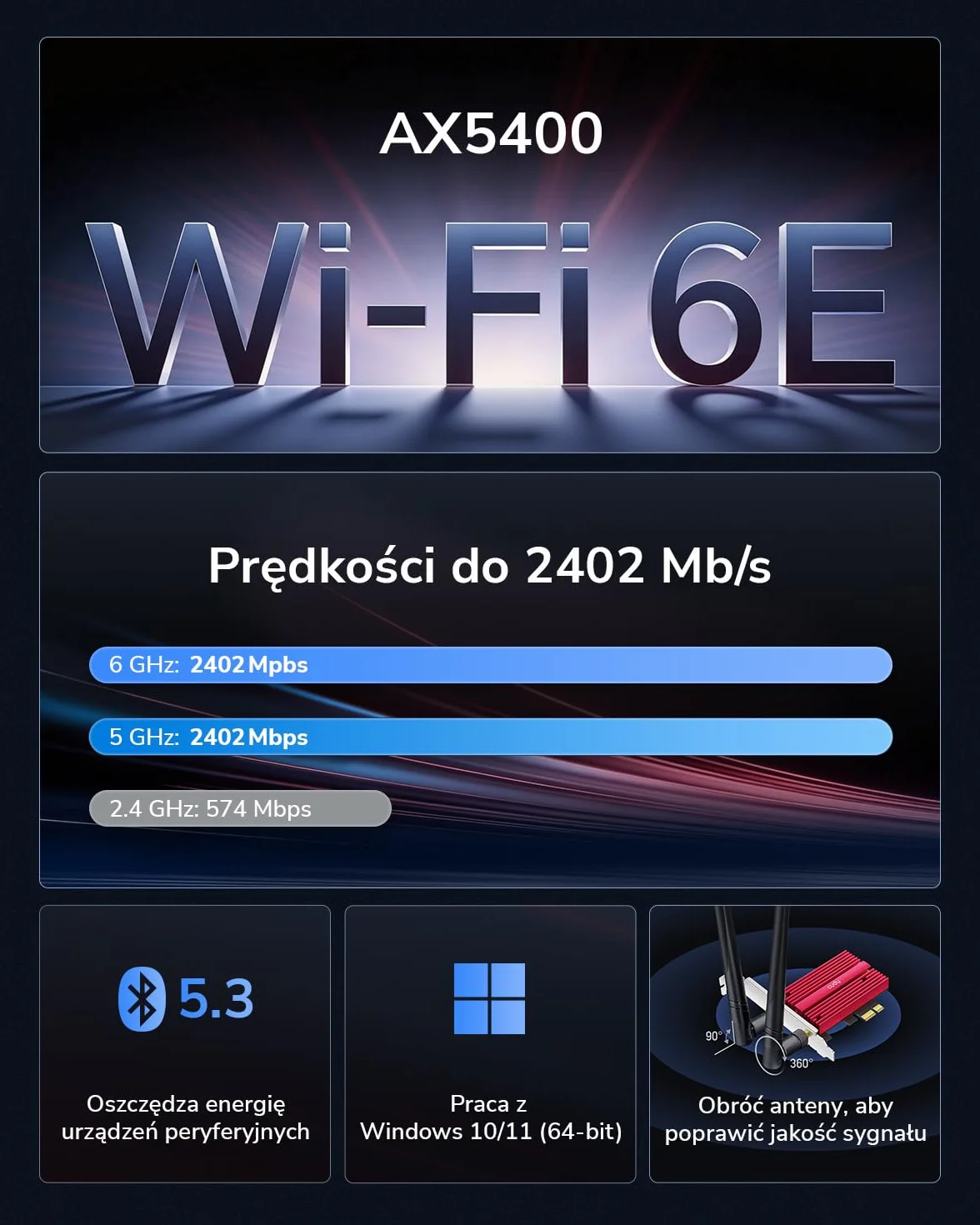 Cudy WE3000S AX3000 bezprzewodowa karta PCIe 6 do PC, Bluetooth 5.0, 2402 Mbps + 574 Mbps, AX200 wewnątrz, Bluetooth 5.0/4.2/4.0, 802.11ax/ac/a/b/g/n, tylko Windows 10 64-bit
