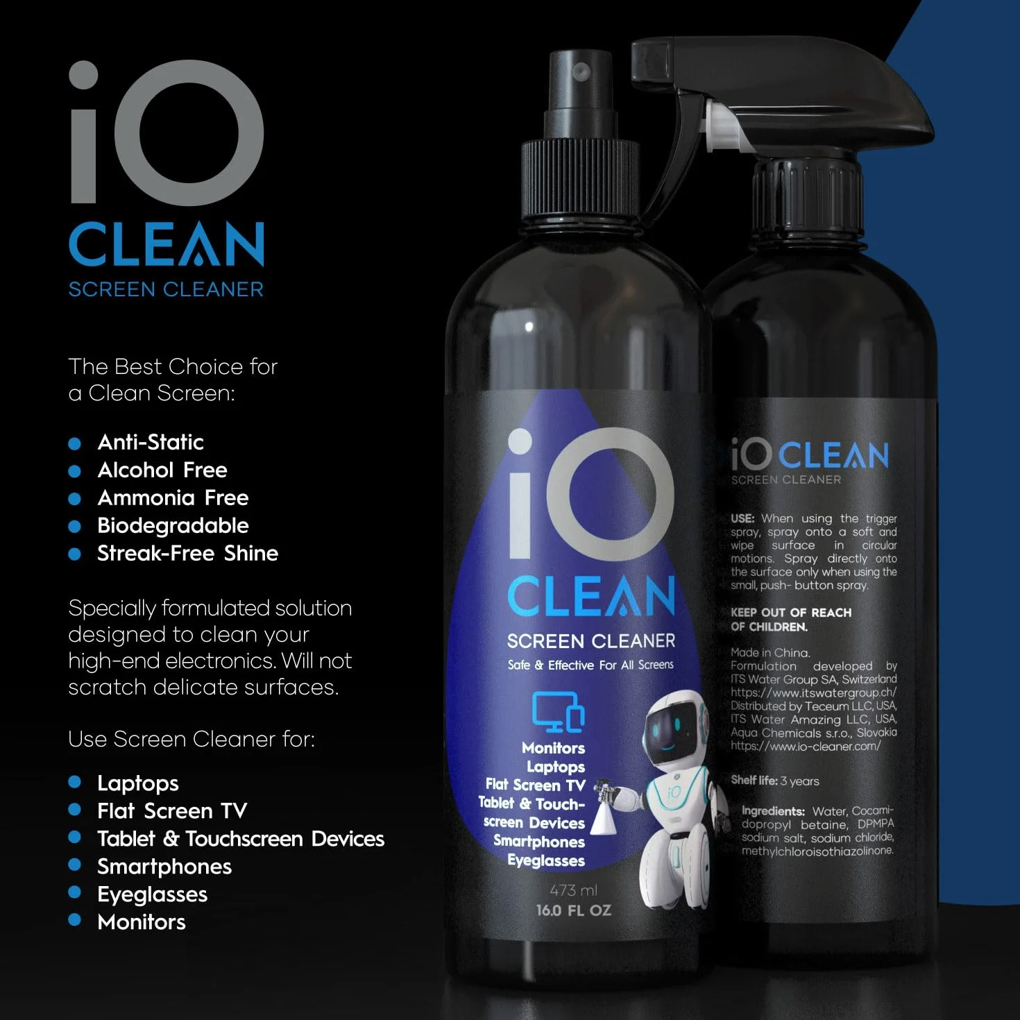 iO Clean Zestaw do Czyszczenia Ekranów (473 ml) do LCD, LED i OLED TV, Smartfonów, iPadów, Laptopów i Monitorów – Ściereczka z Mikrofibry