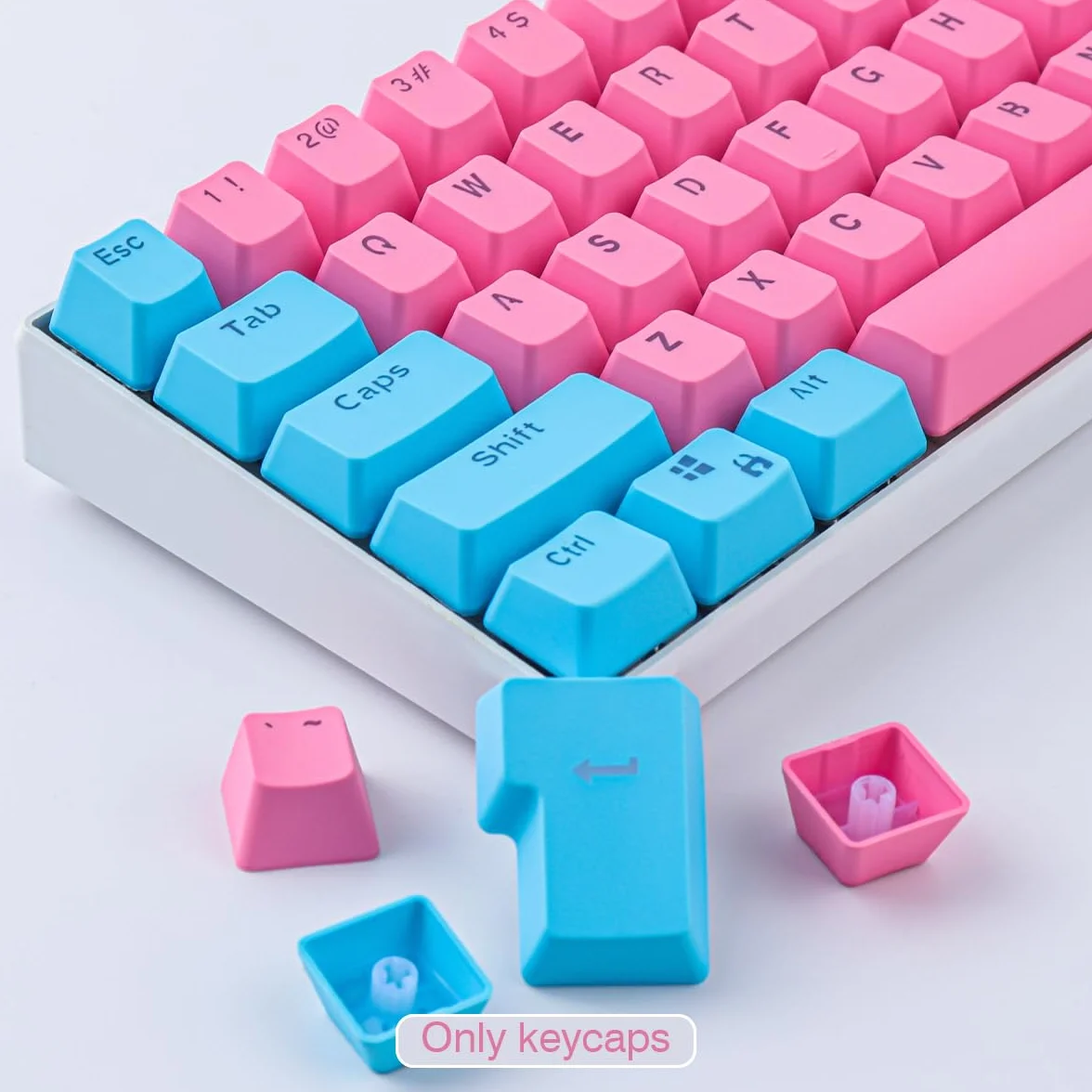 Sunzit Nasadki klawiszy, 61 klawiszy, podświetlenie dwukolorowa klawiatura mechaniczna PBT do klawiszy GH60 / RK61 / ALT61 / Annie / klawiatura poker (różowe i niebieskie)
