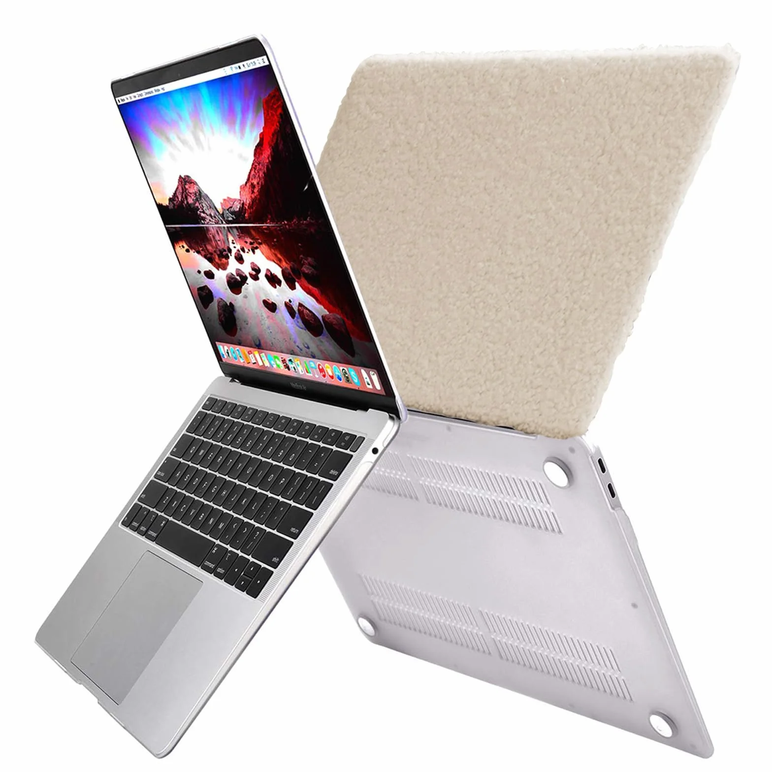 Etui kompatybilne z MacBook Air 13 cali 2018-2020 (A2337 M1, A2179, A1932) z Touch ID, 2 osłony klawiatury, sztuczna skóra, pluszowa obudowa laptopa, beżowy plusz