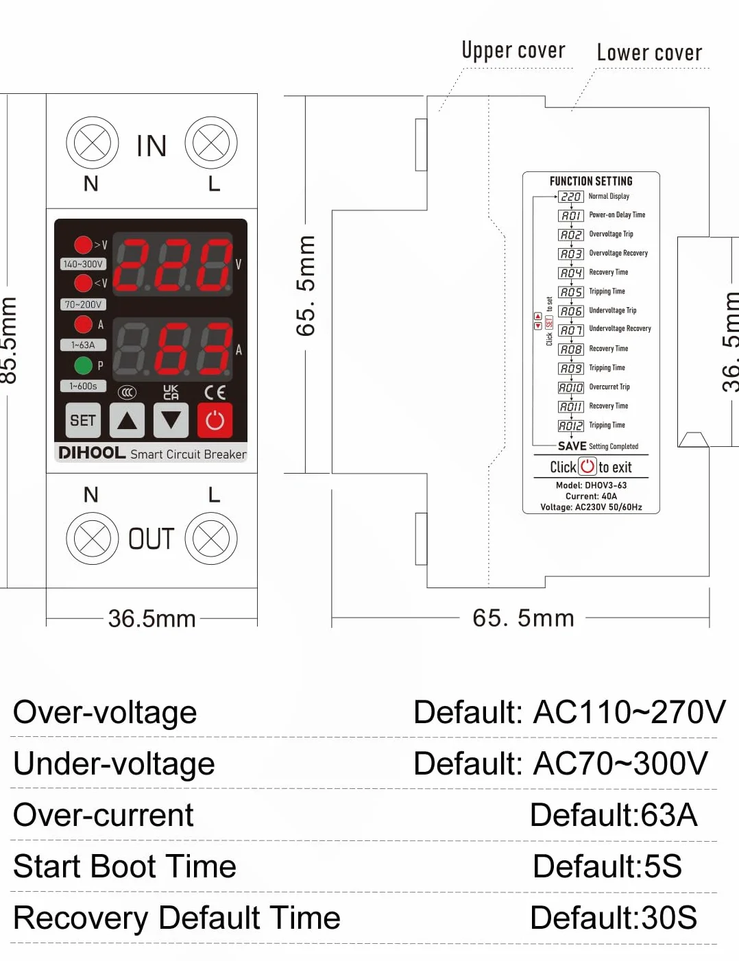 DIHOOL Ochrona przed przepięciem AC 230V 1-63A 8,8 KVA