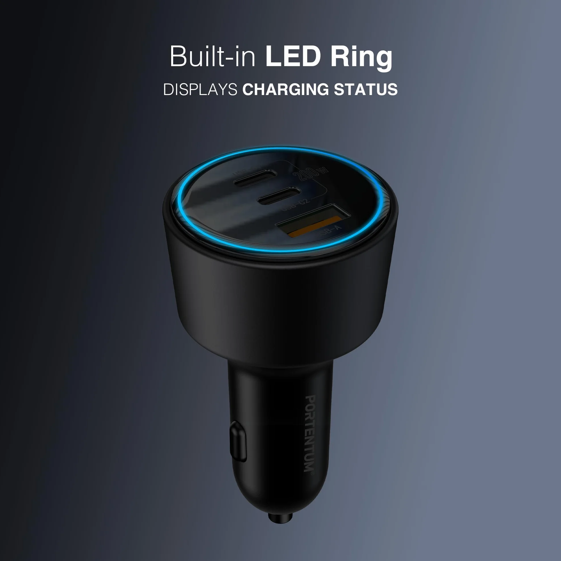PORTENTUM Adapter ładowarki samochodowej 200 W – darmowy kabel USB-C – potrójny i symulacyjny – 2 x USBC PD 100 W + USBA QC 18 W – ładowanie USB do zapalniczki samochodowej do iPhone'a, iPada