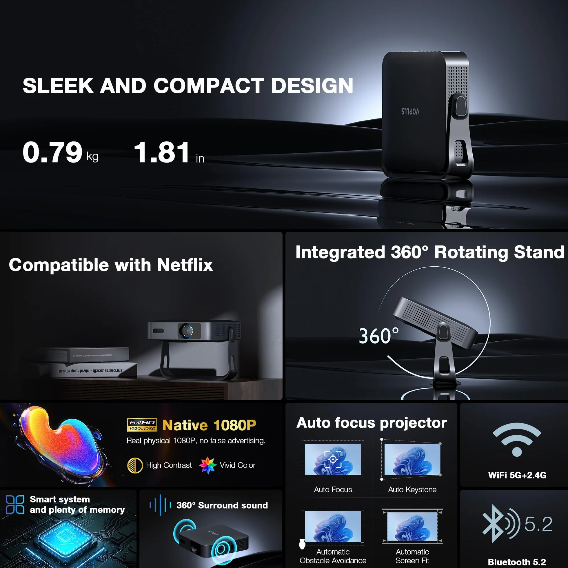 Oficjalnie licencjonowana aplikacja i natywny projektor 1080p: najcieńszy inteligentny mini obiektyw 4,60 cm z WiFi i Bluetooth, automatyczne ustawianie ostrości i keystone, przenośny projektor