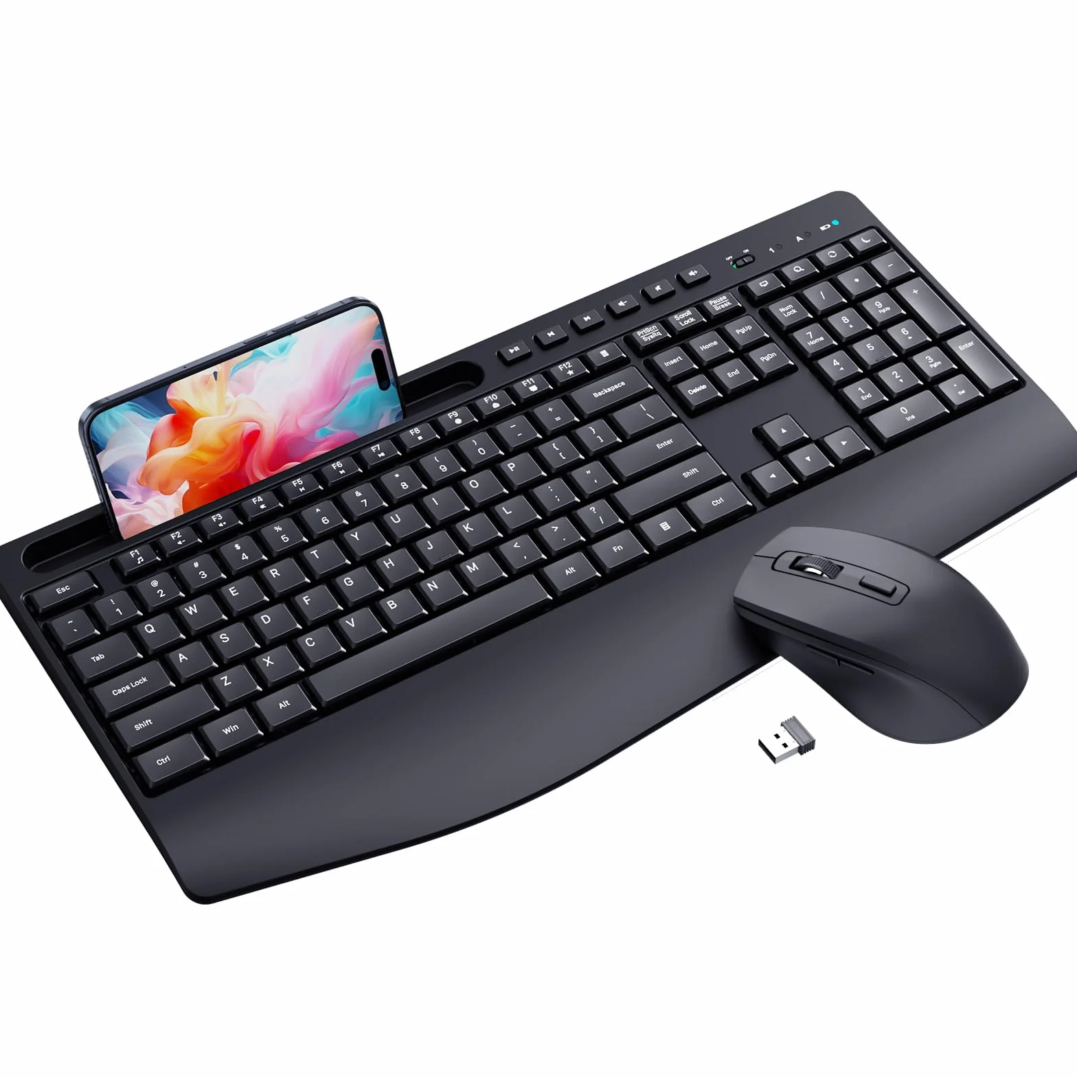LIZRROT Ergonomiczna bezprzewodowa klawiatura i mysz 2,4 GHz, cichy, podpórka pod nadgarstek, uchwyt na telefon, kompatybilny z Windows, PC, laptopami