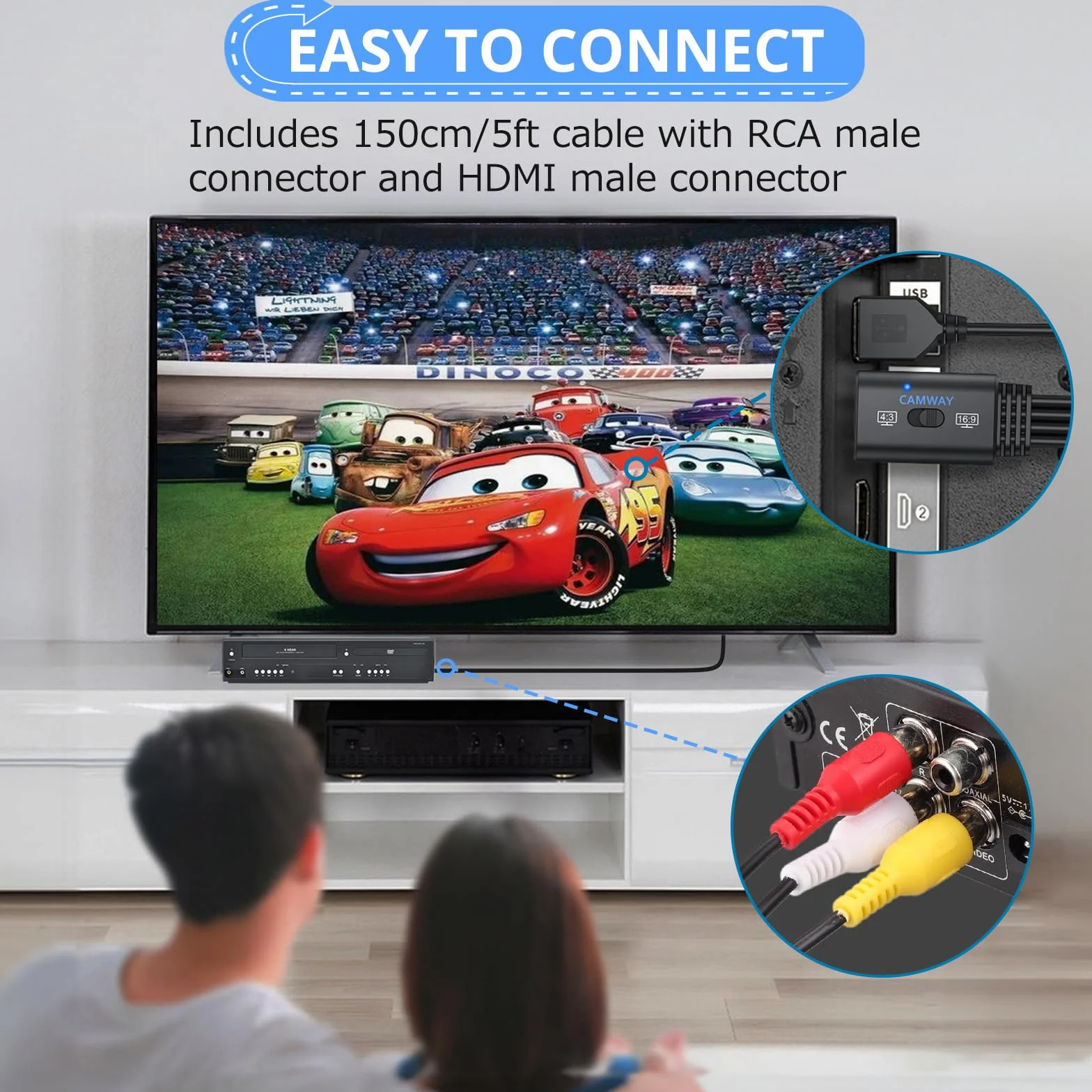 CAMWAY 1080P Konwerter RCA na HDMI, kabel męski 1,5 m - bezstratna transmisja, przełącznik 16:9/4:3, adapter Pro AV do HDMI dla magnetowidów/VHS/odtwarzaczy DVD, mini kompozytowy adapter audio-wideo