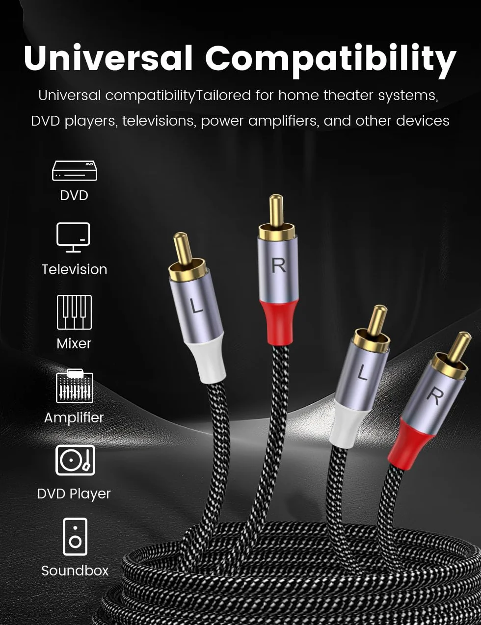 MOSWAG Kabel stereo RCA 2 męskie na 2 męskie 3 m nylonowy pleciony