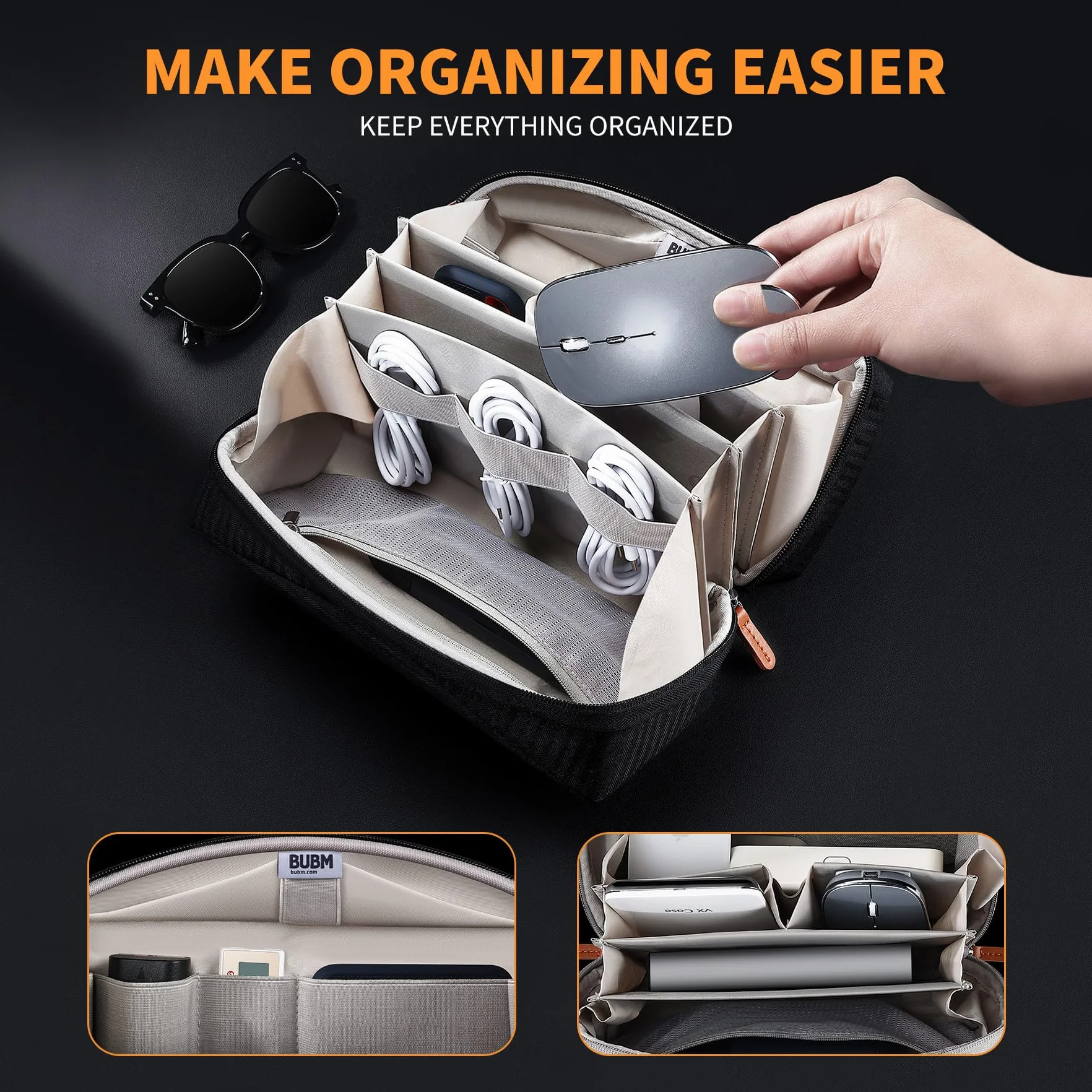 BUBM Elektroniczny organizer na akcesoria Tech Pouch na ładowarkę MacBooka, kable, dysk twardy, przewody, wodoodporne gniazda na torbę do przechowywania na adapter USB, kartę pamięci, Czarny, 23.5CM