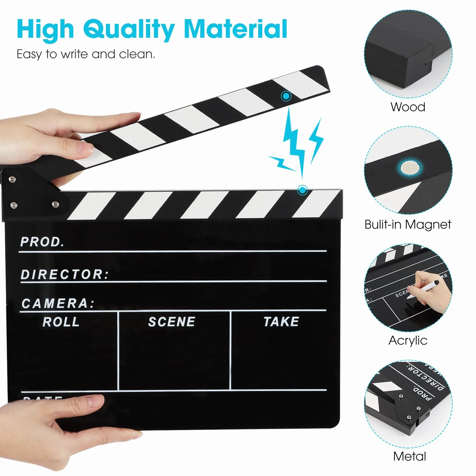 Reżyserzy Clapboard do filmu, Hollywood Slate Move Photography Video TV Cut Action Scene Akrylowa tablica z magnetyczną gumką do tablicy, dwa niestandardowe długopisy, ściereczka do