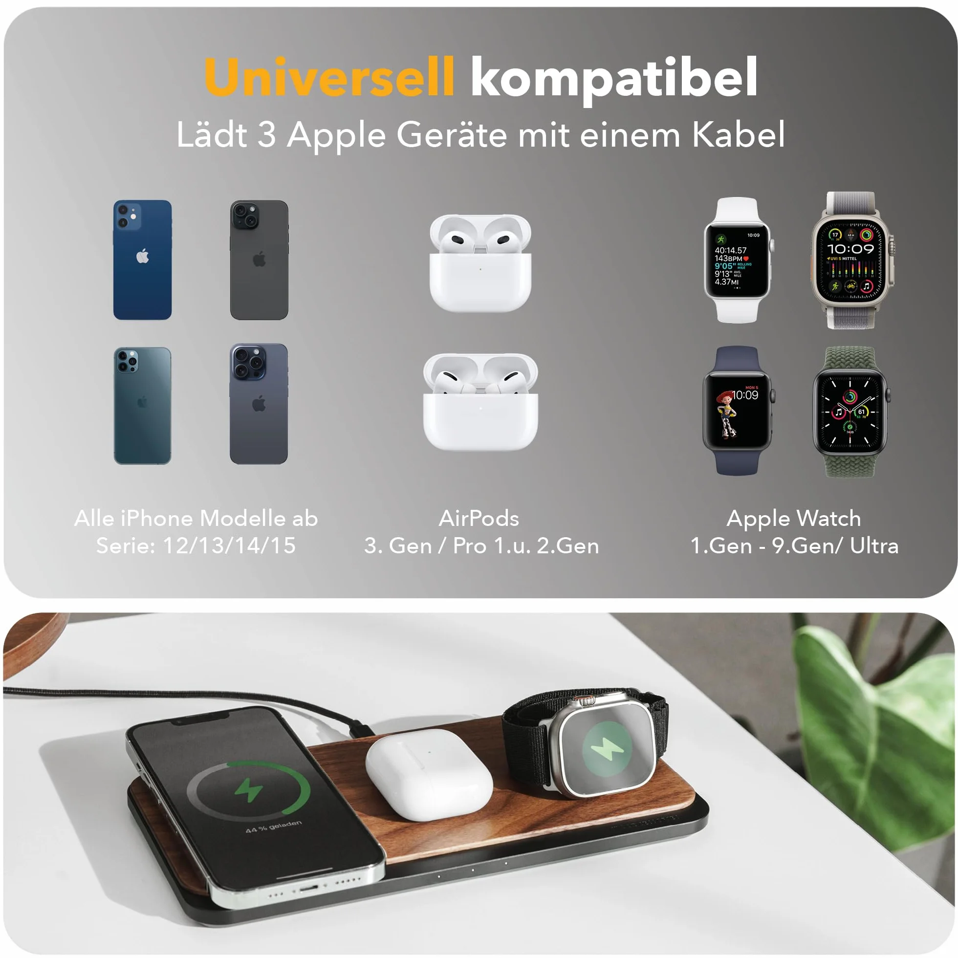 Woodcessories Multibase Pro - 3 w 1 drewniana stacja ładująca | Magsafe ładowarka | indukcyjna stacja ładująca do iPhone'a, Apple Watch, Air Pods w zestawie z adapterem Power 45 W