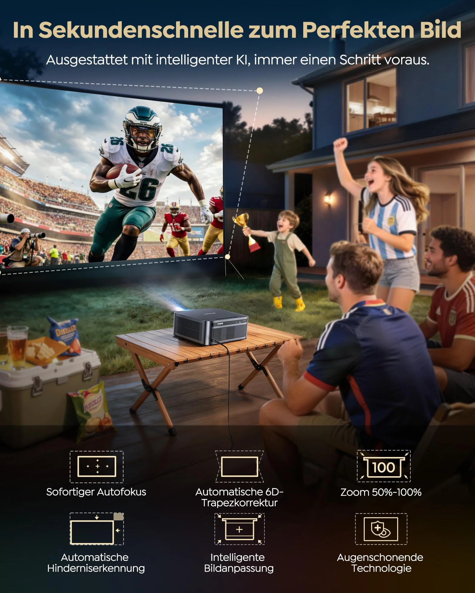 Projektor 4K | Jasność 2200 ANSI |Google TV 14.0 Zintegrowany | Dolby Audio 40W | Projektor natywny FHD 1080P, automatyczne ustawianie ostrości i kalibracja AI, 2+32 GB, HDMI 2.1, MEMC HDR10 do kina