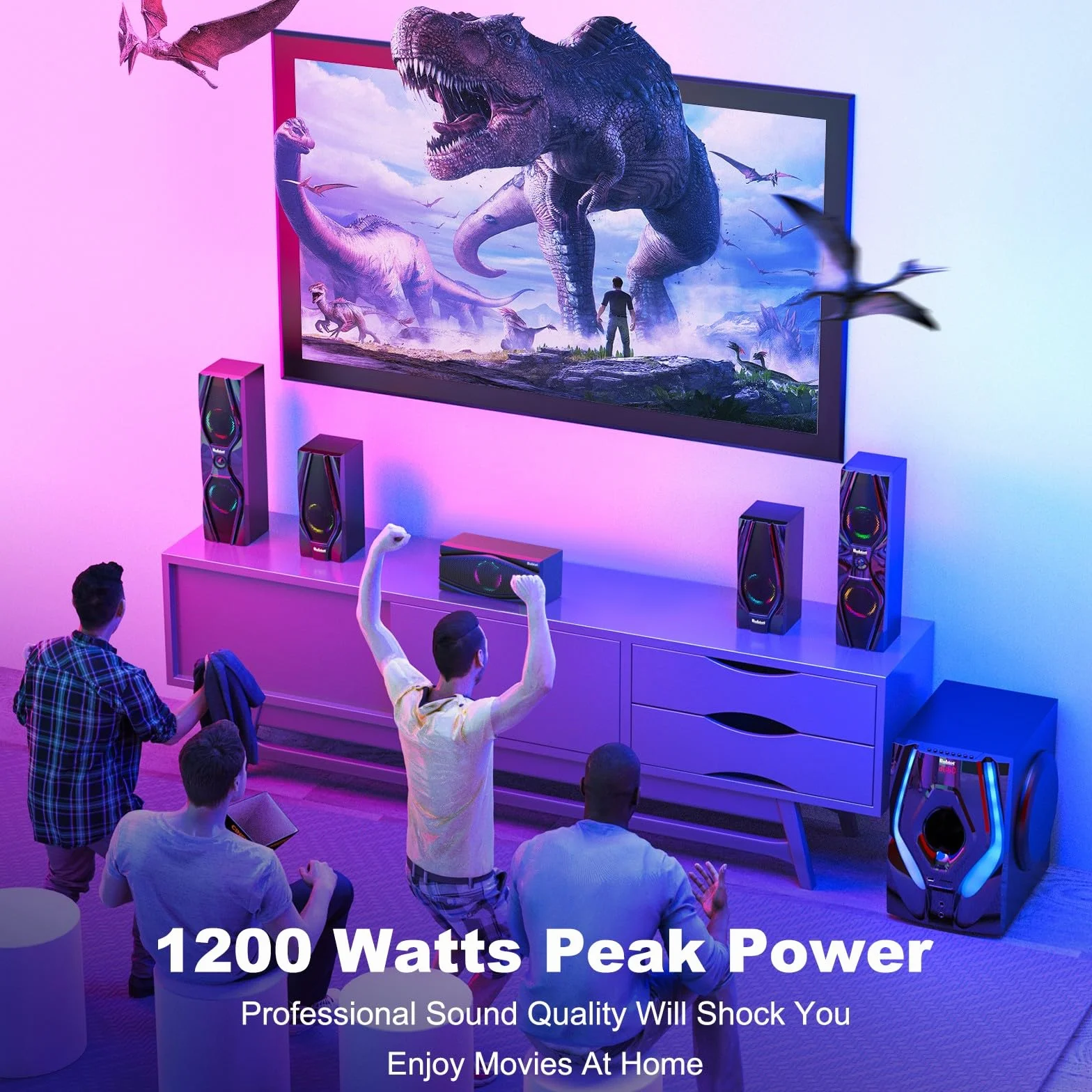 Bobtot System dźwięku przestrzennego kina domowego – 1200 W 10-calowy subwoofer 5.1-kanałowy system audio stereo z optycznym wejściem Bluetooth HDMI ARC do telewizora 4K Ultra HD AV, DVD, radia FM
