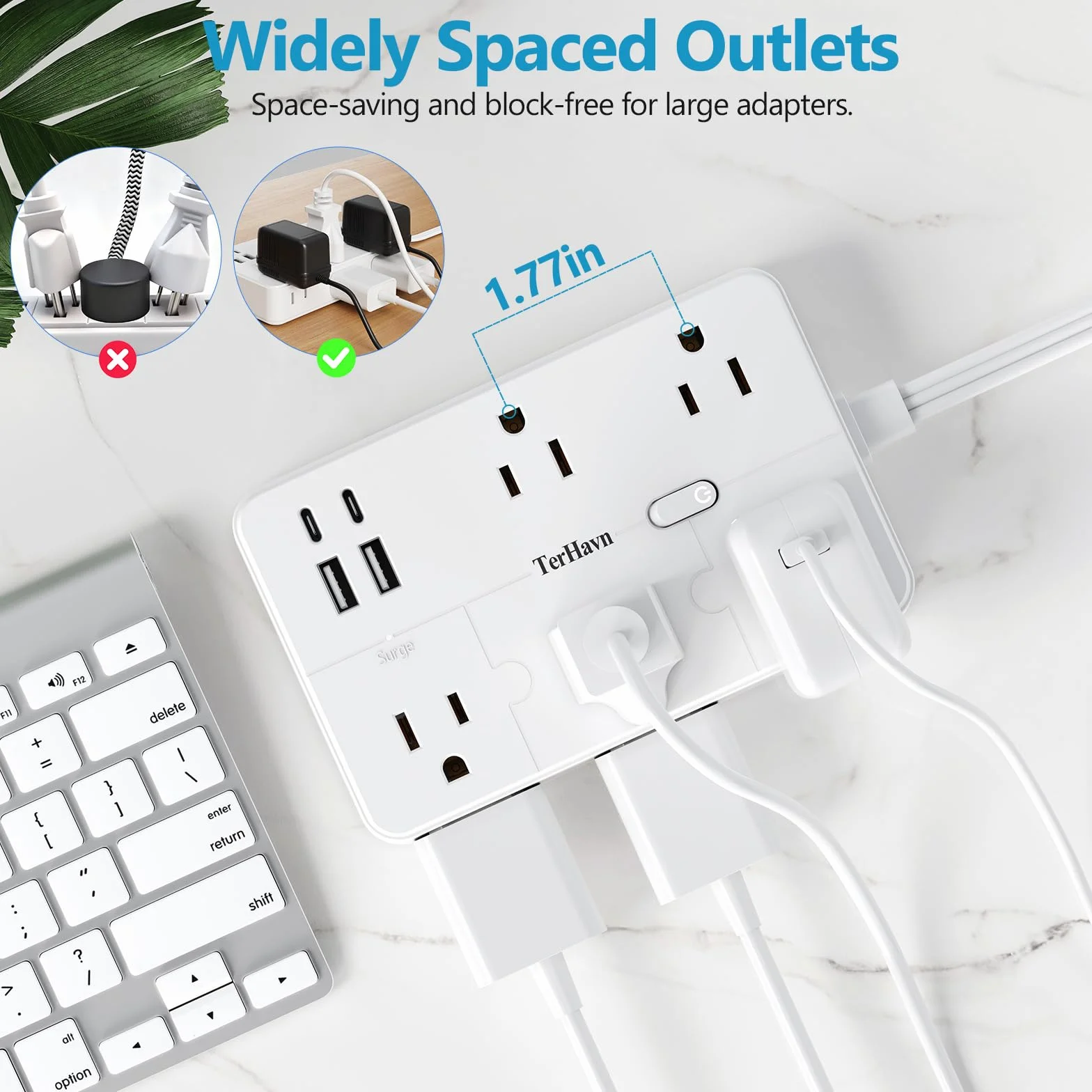 listwa zasilająca chroniąca przed przepięciem, płaski kabel przedłużający 1 stopę, 10 wyjść AC i 4 porty USB (5 V/3,4 A 17 W), 1080J, stacja ładująca do komputera