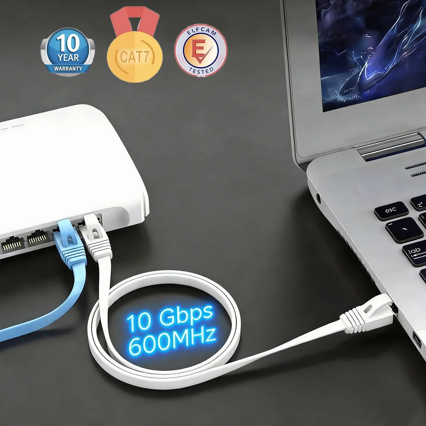 Elfcam® Kabel Ethernet Cat 7 o długości 15 metrów, płaski kabel RJ45 LAN, szybki internetowy kabel do transmisji danych, 100% miedź, STP, 32 AWG, biały