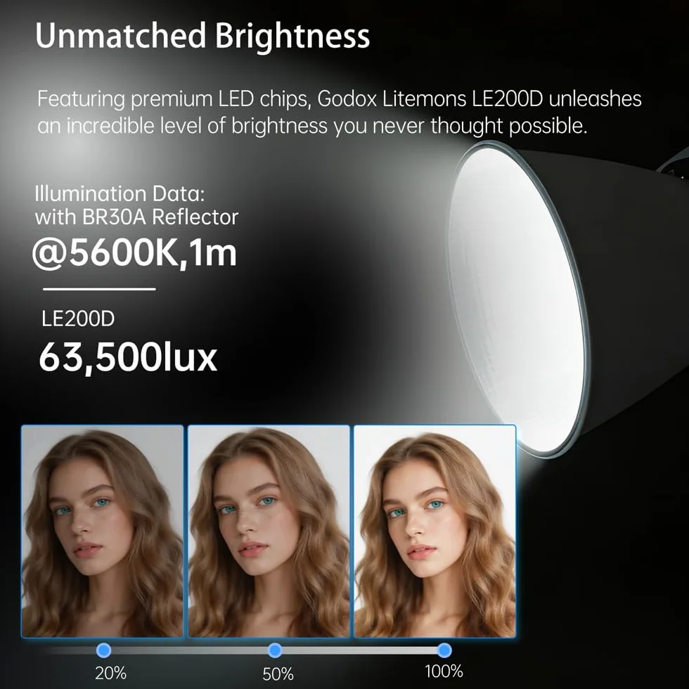 Godox LE200D lampa wideo LED 220 W ze światłem ciągłym, 5600 K, CRI 96, 63 500 lx, wysoka moc świetlna, złącze Bowensa, sterowanie DMX/Bluetooth, 7 efektów specjalnych, do fotografii studyjnej i