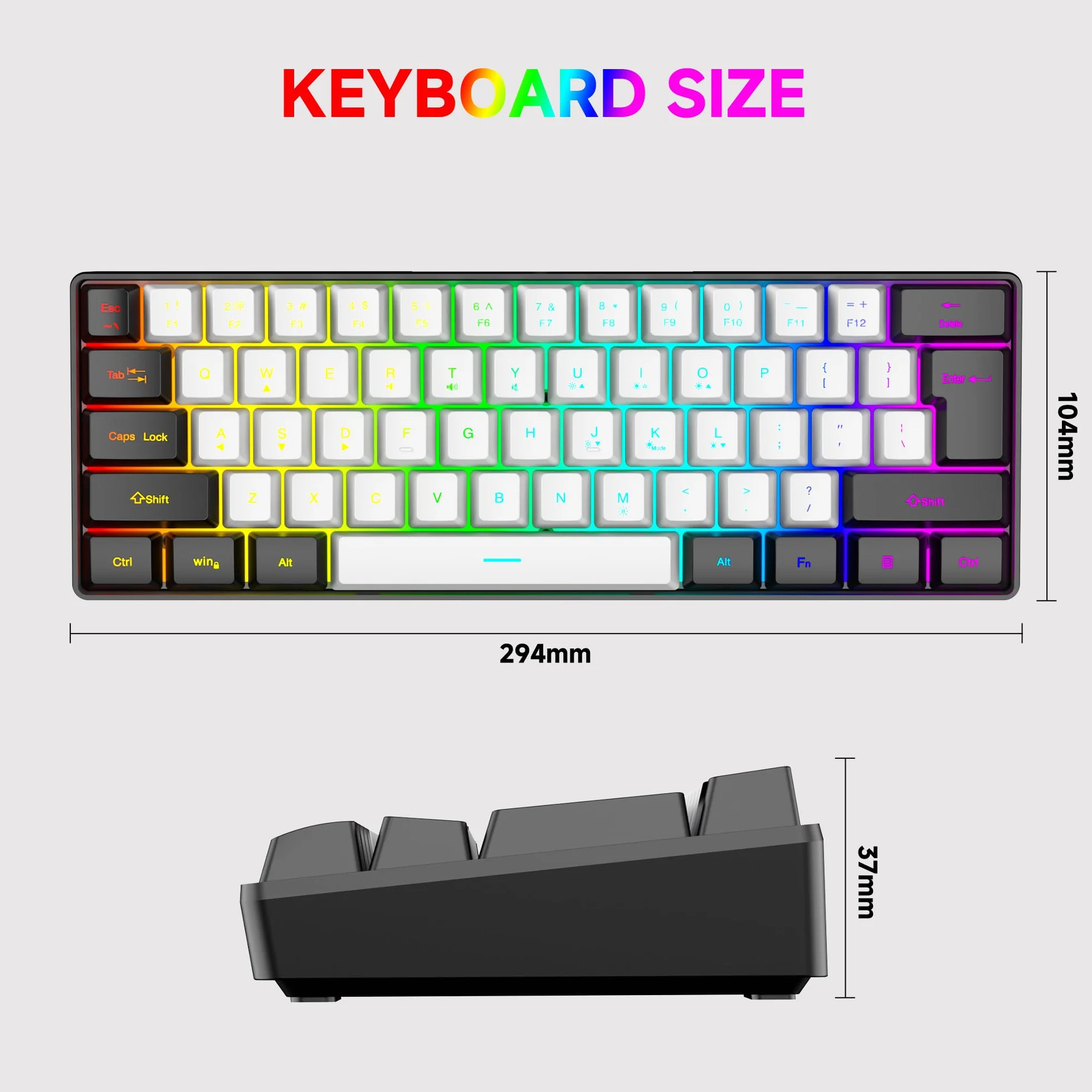61-klawiszowa kompaktowa klawiatura do gier RGB, układ 60%, kompatybilna z USB-A i typu C, ergonomiczne klawisze membranowe, 8-kolorowe podświetlenie, Plug & Play, do PC/laptopa (Windows 10/8/7)