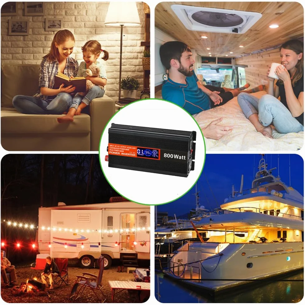 SolaMr 800W przetwornica napięcia DC 12V na AC 220V/240V z wyświetlaczem LCD i portami ładowania USB do systemów montowanych w pojazdach i na kempingach - 800W