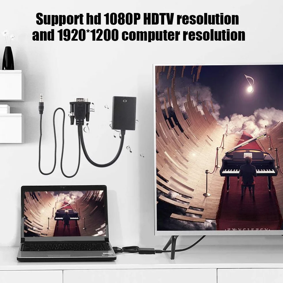 ASHATA Kabel konwertera VGA na HDMI, obsługa HD 1080P HDTV, transmisja audio USB