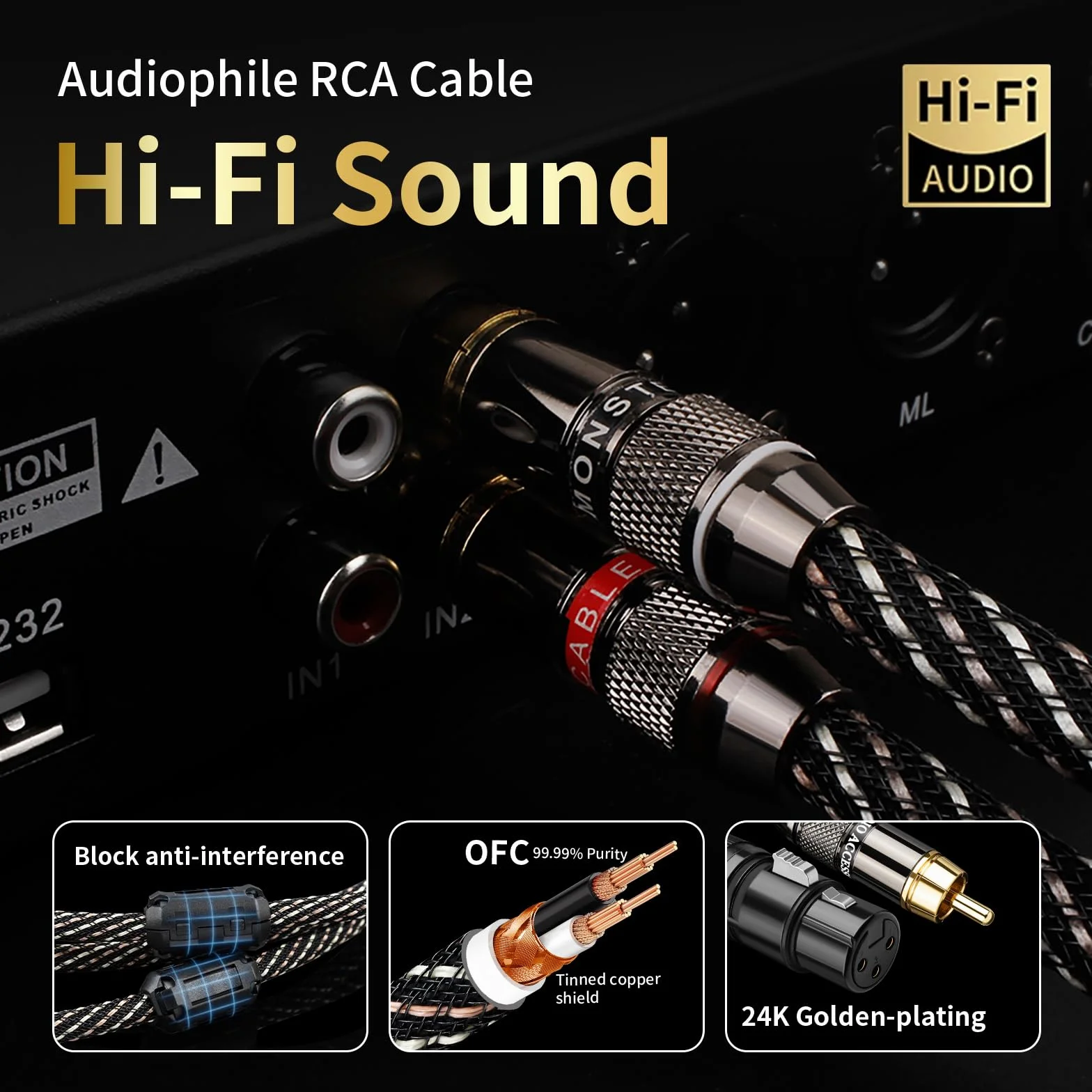 Audiophile 1,5 m podwójny RCA męski na podwójny XLR żeński - kabel audio HiFi, rdzeń 4N OFC, pozłacana wtyczka, nylonowy oplot, kabel subwoofera, kompatybilny ze wzmacniaczami, mikserami