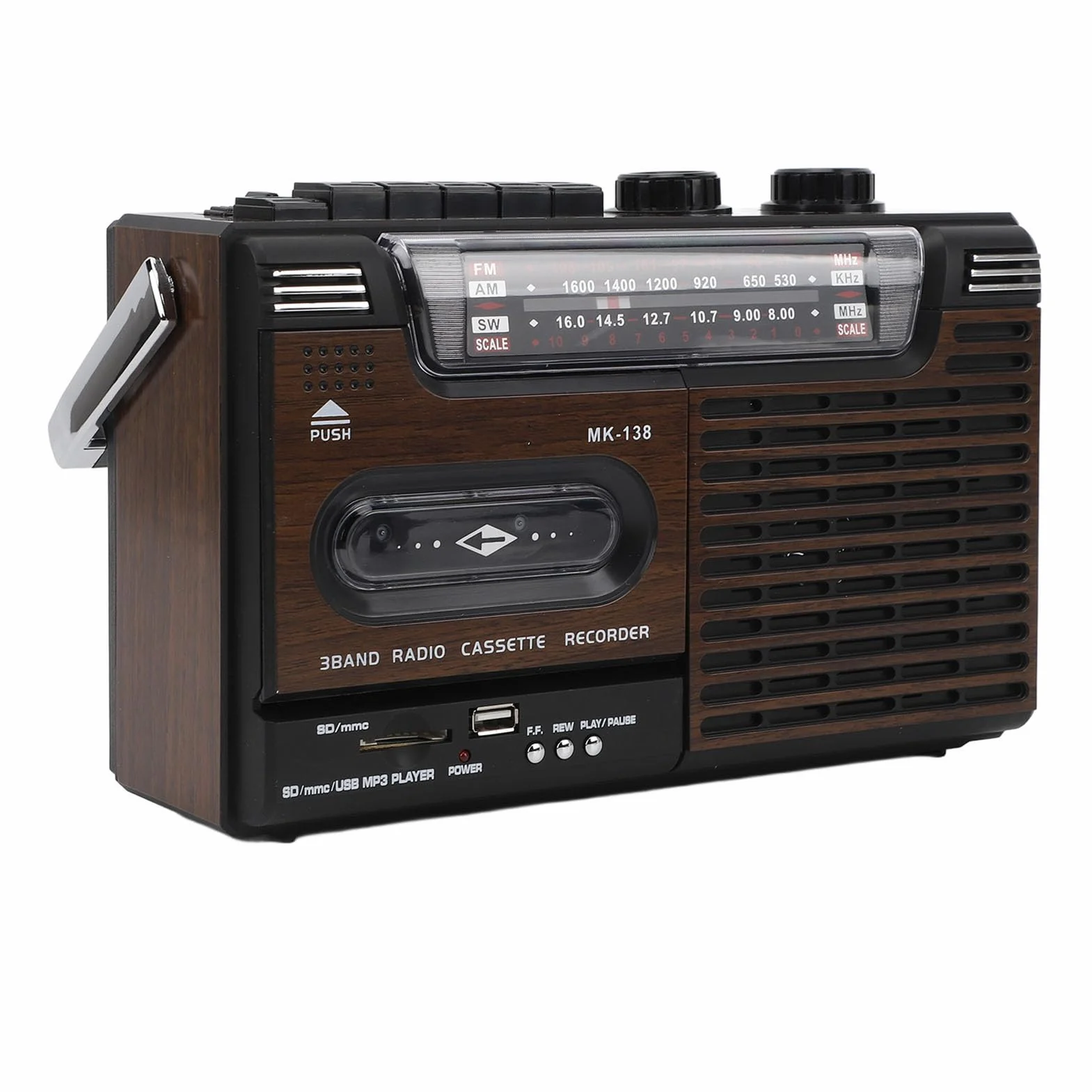 Przenośny Odtwarzacz Kasetowy, Magnetofon Radiowy Retro AM FM SW Boombox z Gniazdem Karty Pamięci USB Gniazdo Słuchawkowe, do Drewna Samochodowego, na Baterie lub na Prąd (wtyczka UE)