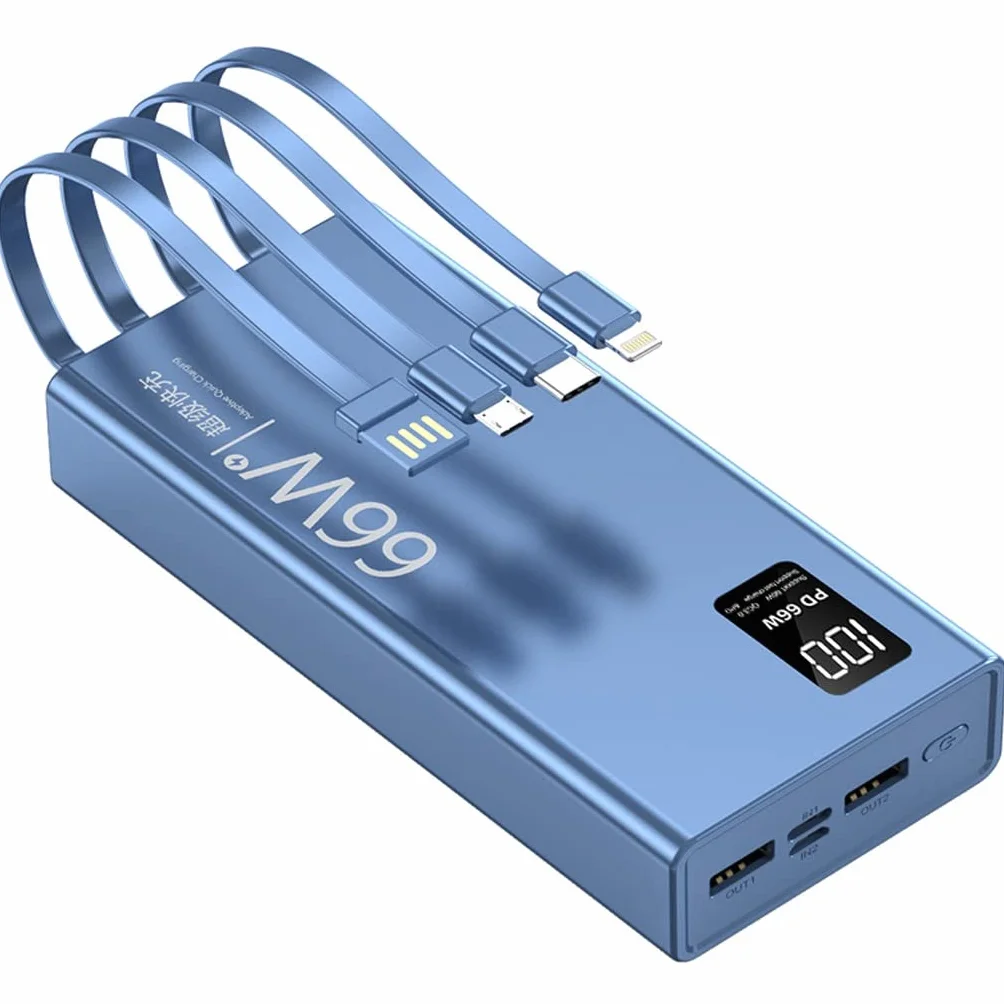 JJJ Super szybkie ładowanie 66 W, ultracienka, zamknięta linia, powerbank o dużej pojemności, 20000 mAh, ładowanie flash, mobilny zasilacz (kolor: niebieski, rozmiar: 20000 mAh)