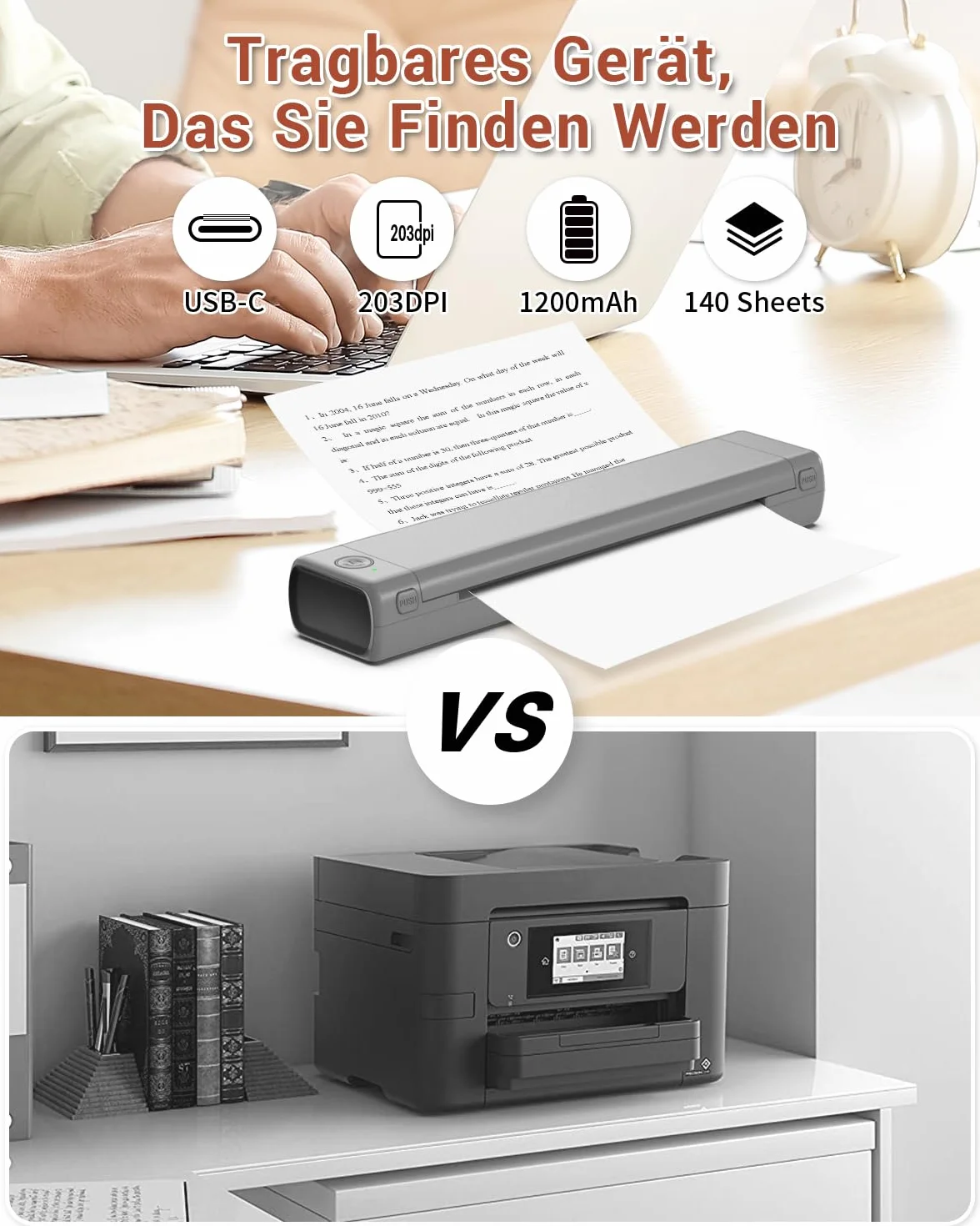 Phomemo Przenośna drukarka M08F Bluetooth, drukarka A4, obsługuje papier termiczny 210 x 297 mm, bezprzewodowa drukarka podróżna bez tuszu, kompatybilna z systemem Android i iOS, do podróży i laptopa