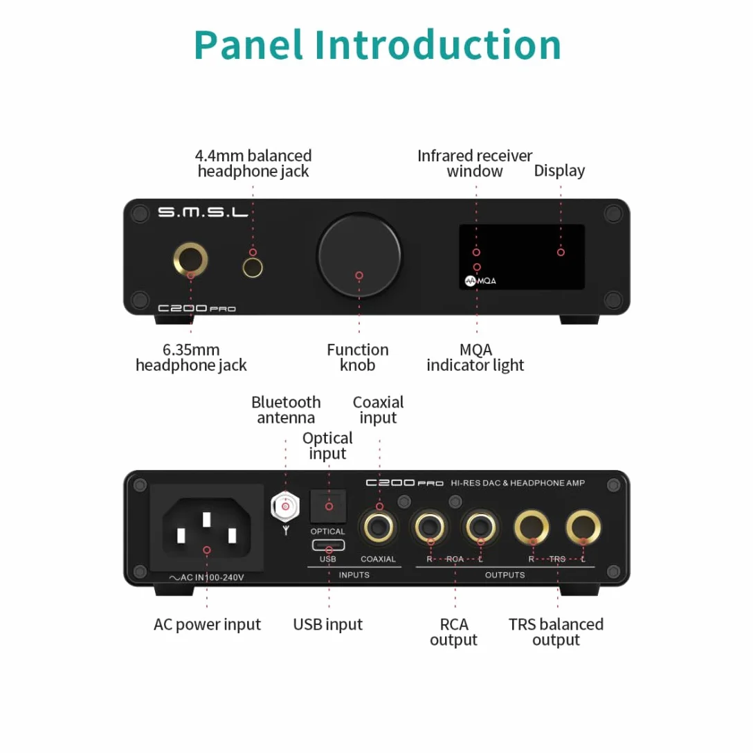 SMSL C200Pro HiFI Audio Decoder MQA-CD DSD ES9039Q2M XMOS XU316 obsługa Bluetooth 5.1 USB optyczny koncentryczny 6,35 mm wyjście 4,4 mm wzmacniacz słuchawek
