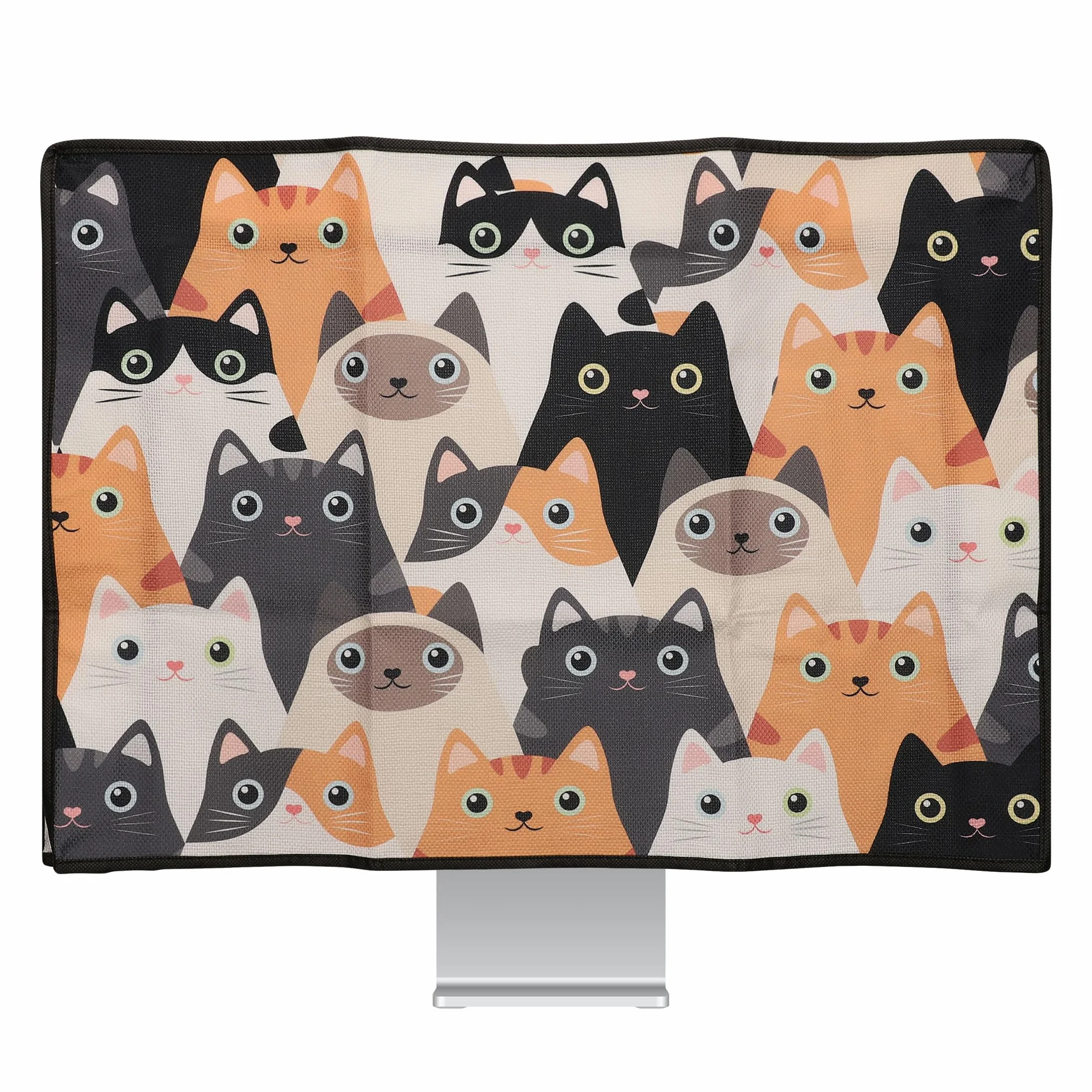 kwmobile Osłona przeciwpyłowa do monitora 61.0-66.0 cm, lniana osłona monitora z designem, koty pomarańczowy/czarny/biały