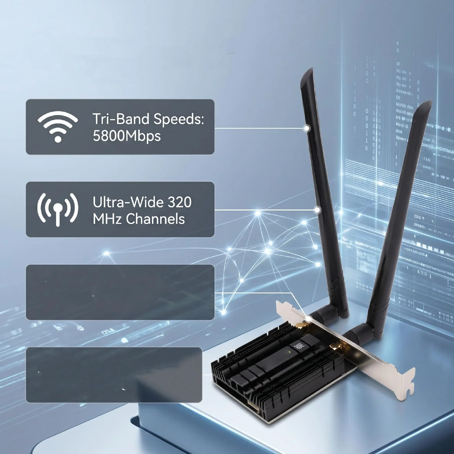 Bewinner Karta WiFi 7 PCIe, Trójzakresowy BE200 NGW 8774Mbps, Bluetooth 5.4 | Trójzakresowy 8774 Mb/s, 6 GHz 5 GHz 2,4 GHz, Bluetooth 5.4, dwie anteny, adapter PCIe do komputerów stacjonarnych, system