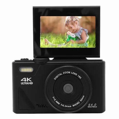 Aparat Cyfrowy 4K, 64MP UHD 18x Zoom Autofocus Retro Kompaktowy Aparat Cyfrowy z 3 calowym Ekranem i Bilansem Białym, Rejestrator Wideo 4K do Fotografii Podróży Vlogging (BLACK)