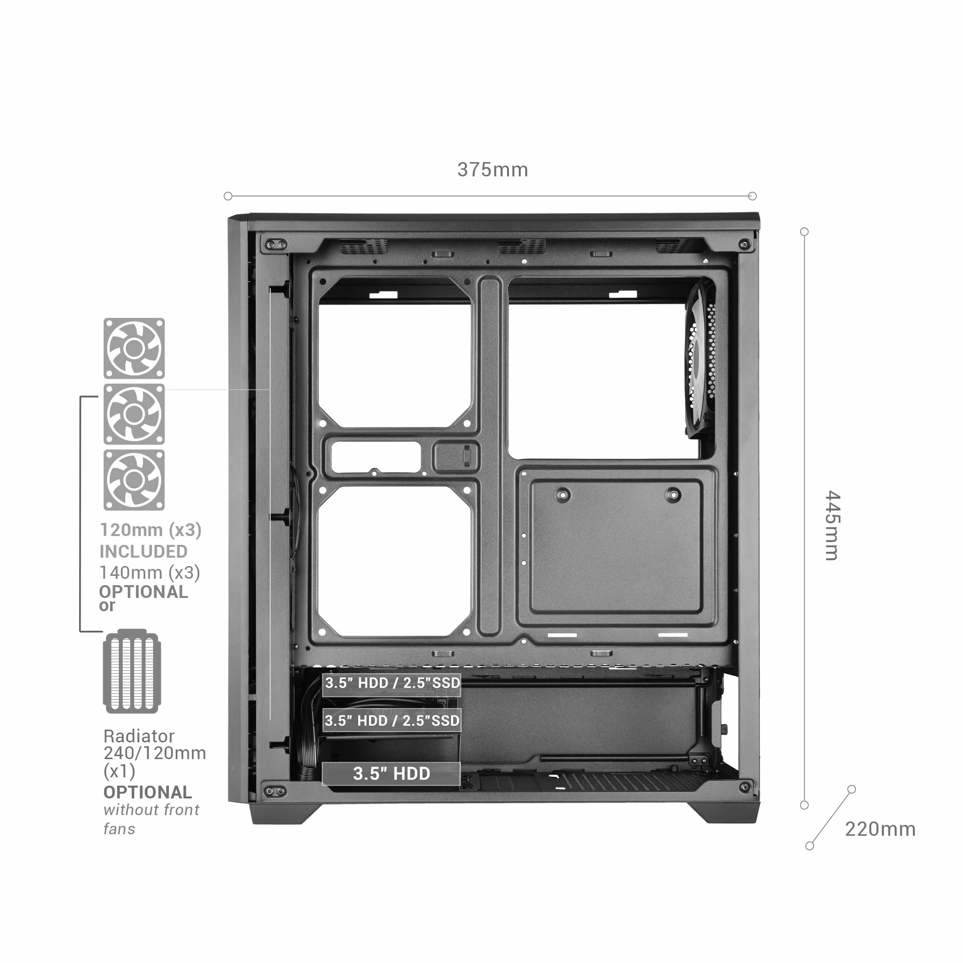 Mars Gaming MC-QUANTUM, Obudowa PC Gaming ATX, Przedni Mesh z paskiem LED ARGB, Pełne boczne szkło hartowane, 4x wentylatory FDB 120mm, Wsparcie chłodzenia cieczą do 240mm, USB-C, Czarny